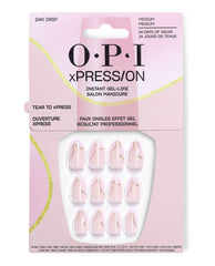 OPI xPRESS/ON 24K Drip press-on nails display pale pink medium tips with gold swirl accents in pink retail packaging, a soft glam pick for fall nail colors with up to 14 days of wear.