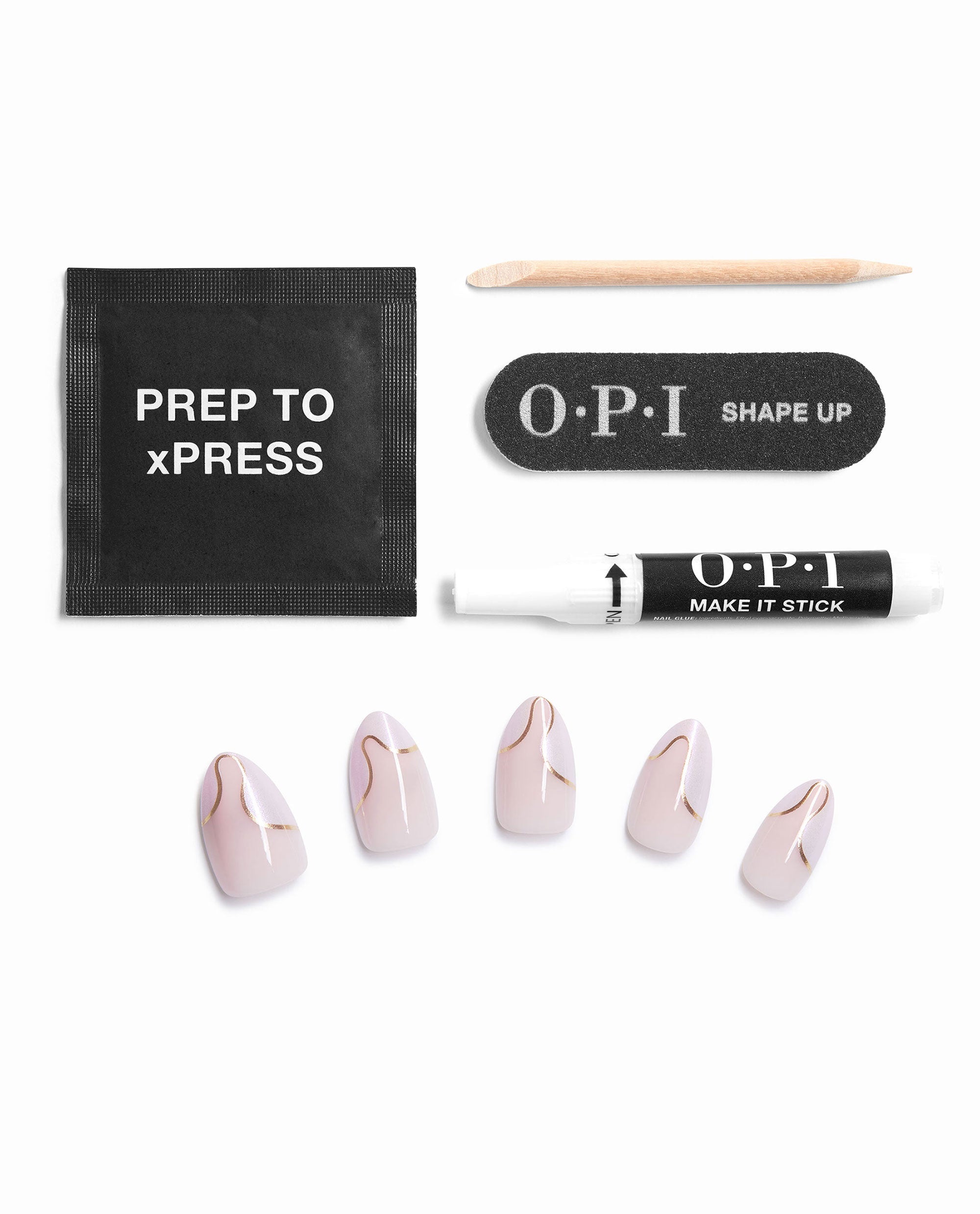 OPI 24K Drip xPRESS/ON press-on nails display pale pink fall nail colors with gold swirl accents alongside prep pad, cuticle stick, nail file, and glue on a white background.