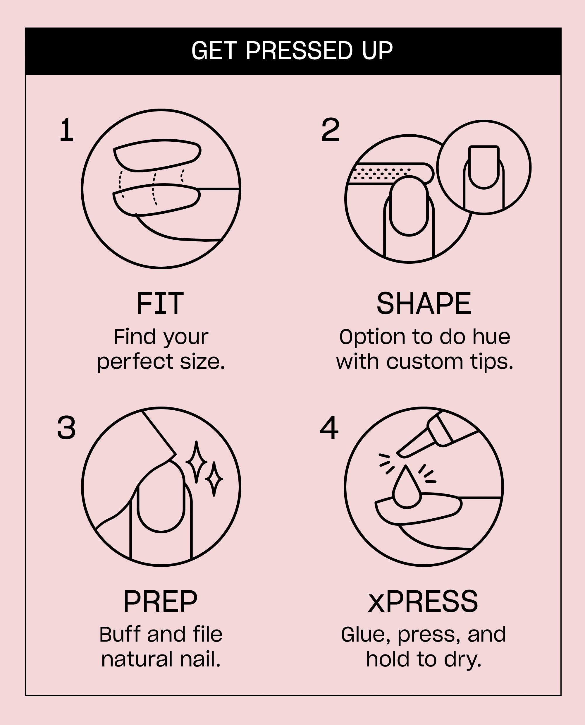 OPI 24K Drip xPRESS/ON instruction card shows four steps - fit, shape, prep, and glue press-on nails - on a pale pink background for easy fall nail color application.