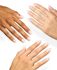 Hands model OPI 24K Drip xPRESS/ON nails, almond-shaped pale pink press-ons with thin metallic gold swirl accents, styled as elegant fall nail colors on a white background.