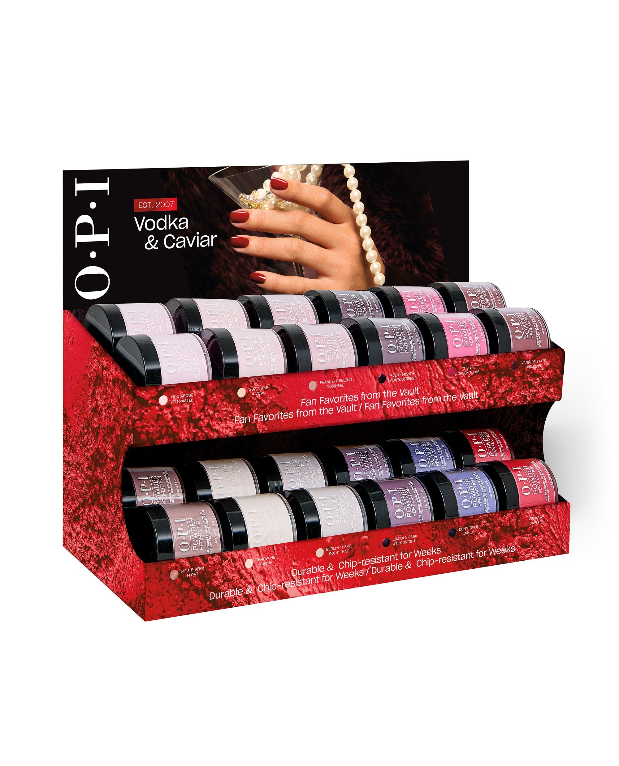 OPI Fall '26 Powder Perfection 24PC Chipboard Display showcases dipping powder fall nail colors in a red two-tier retail stand with Vodka & Caviar promo art and manicure shade labels.