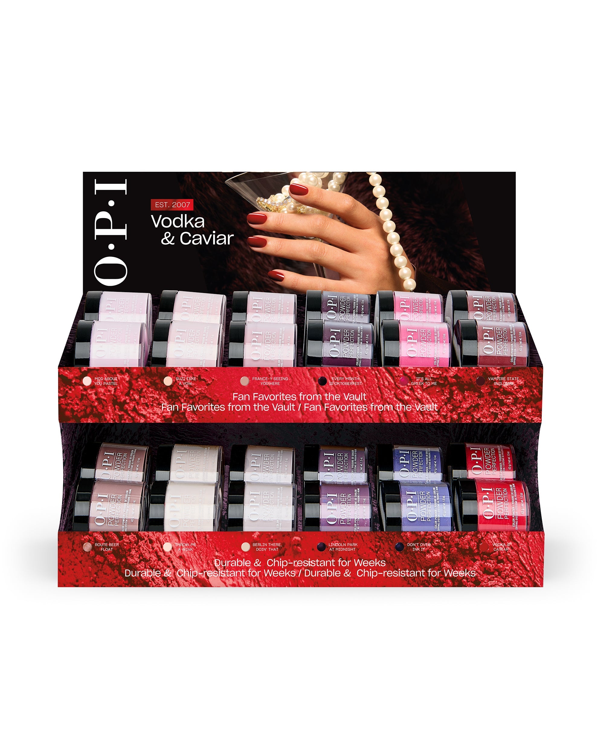 OPI Fall ’26 Powder Perfection 24PC chipboard display holds dipping powder fall nail colors in reds, pinks, nudes, purples, and blues with Vodka & Caviar promotional artwork.