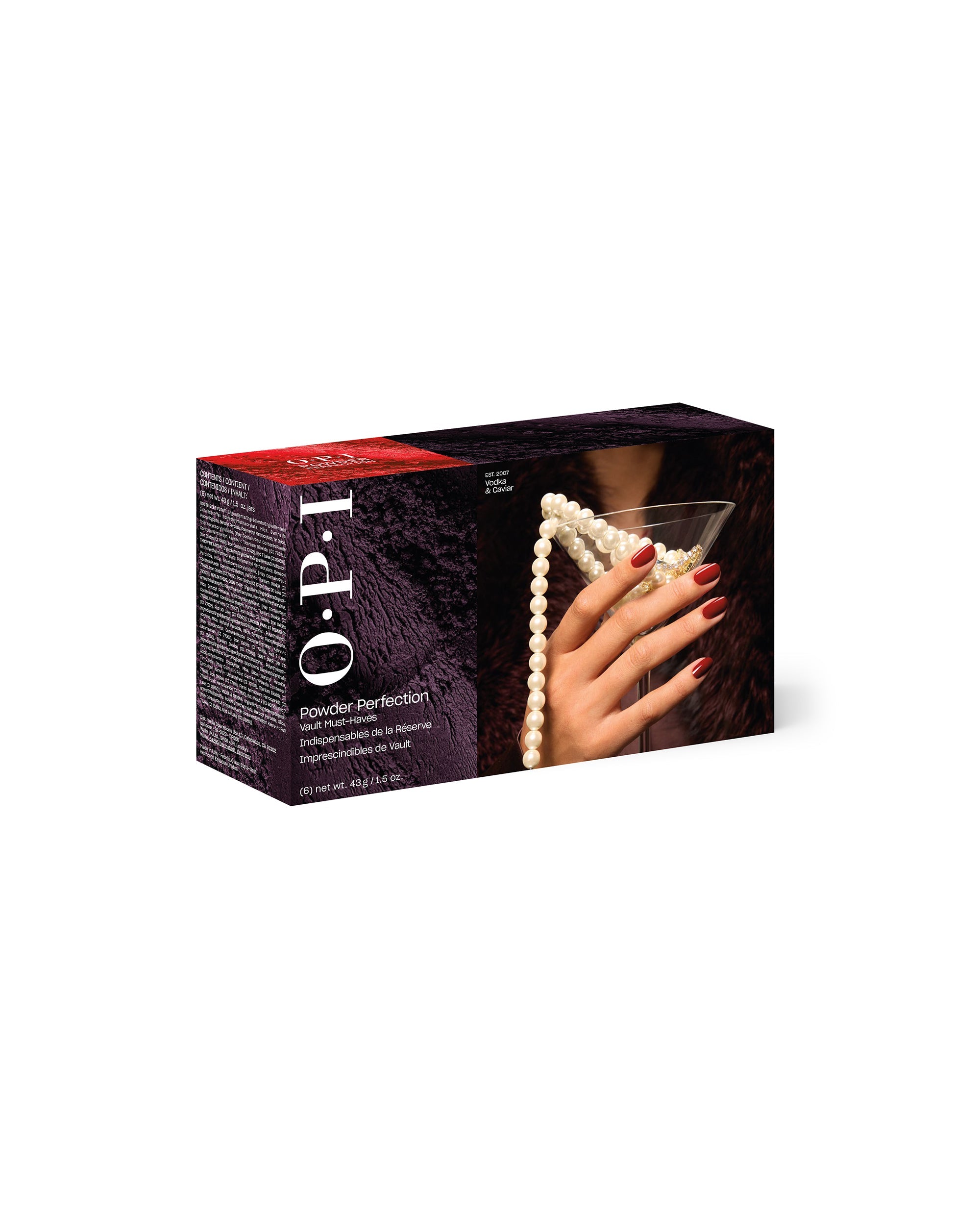 OPI Fall ’26 Powder Perfection 6PC Trial Kit #2 box displays fall nail colors, with packaging art of glossy red manicured nails holding pearls and a martini glass on a white background.
