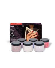OPI Fall '26 Powder Perfection 6PC Trial Kit #2 displays six dipping powder jars in soft pink, nude, lavender and rose fall nail colors arranged before a branded Vault Must-Haves box on a white background.