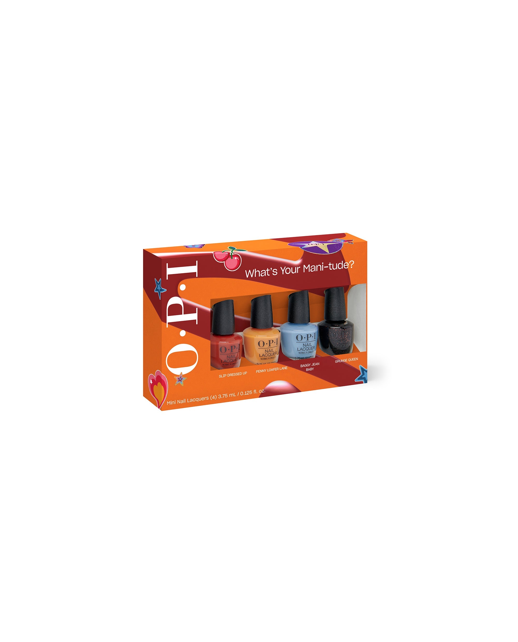 OPI Fall ’25 Nail Lacquer 4PC Mini-Pack nail polish gift set featuring four mini bottles in red, mustard yellow, pale blue, and black glitter, displayed in a bright orange, heart- and star-decorated box reading “What’s Your Mani-tude?”