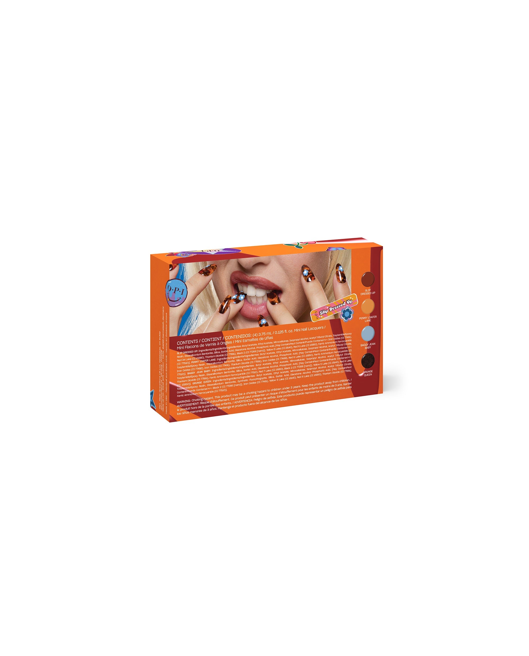 OPI Fall ’25 Nail Lacquer 4PC Mini-Pack nail polish gift set box back, showing model with autumn-toned manicured nails, ingredient details, and four shade swatches against a bright orange, floral-accented background.