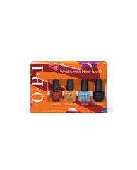 OPI Fall ’25 Nail Lacquer 4PC Mini-Pack nail polish gift set featuring four mini bottles in red, tan, light blue, and black glitter shades, displayed in a bright orange box with playful graphics and the phrase “What’s Your Mani-tude?”