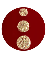 Big Candy Apple Red On Point artificial nail swatch displays glossy deep red polish with three sparkling gold glitter dots on a white background, an OPI fall nail colors look.