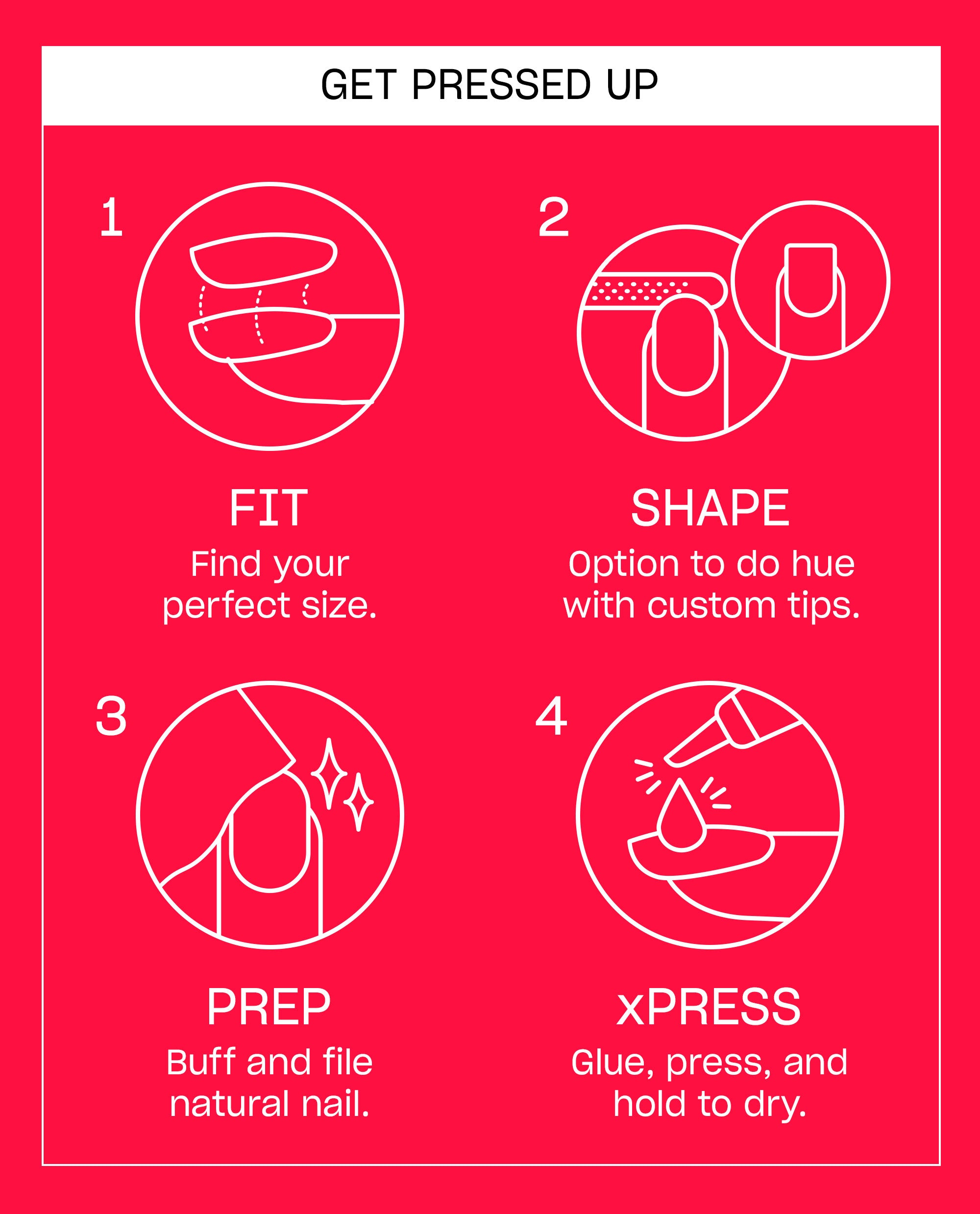 OPI Cajun Shrimp xPRESS/ON press-on nail guide shows four application steps - fit, shape, prep, and glue, press, hold to dry - with white line icons on a bright coral red background.