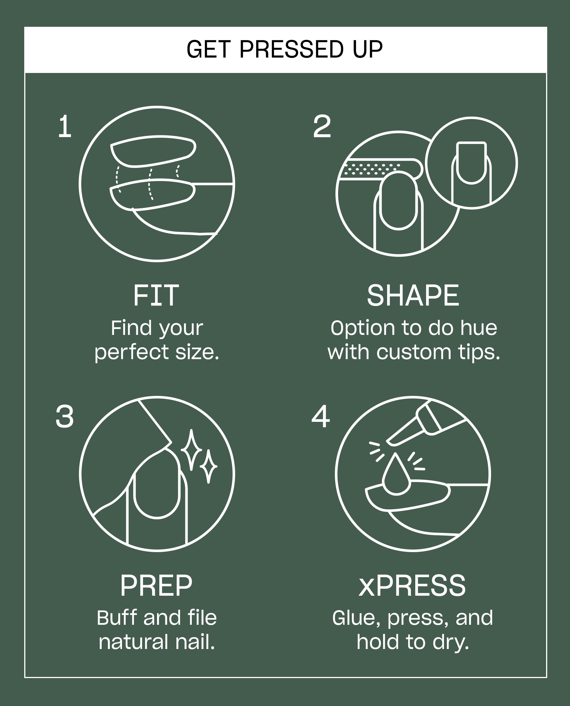 OPI Suzi - The First Lady of Nails On Point press-on nail instructions show fit, shape, prep, and xPress glue steps in white line art on a dark green background.
