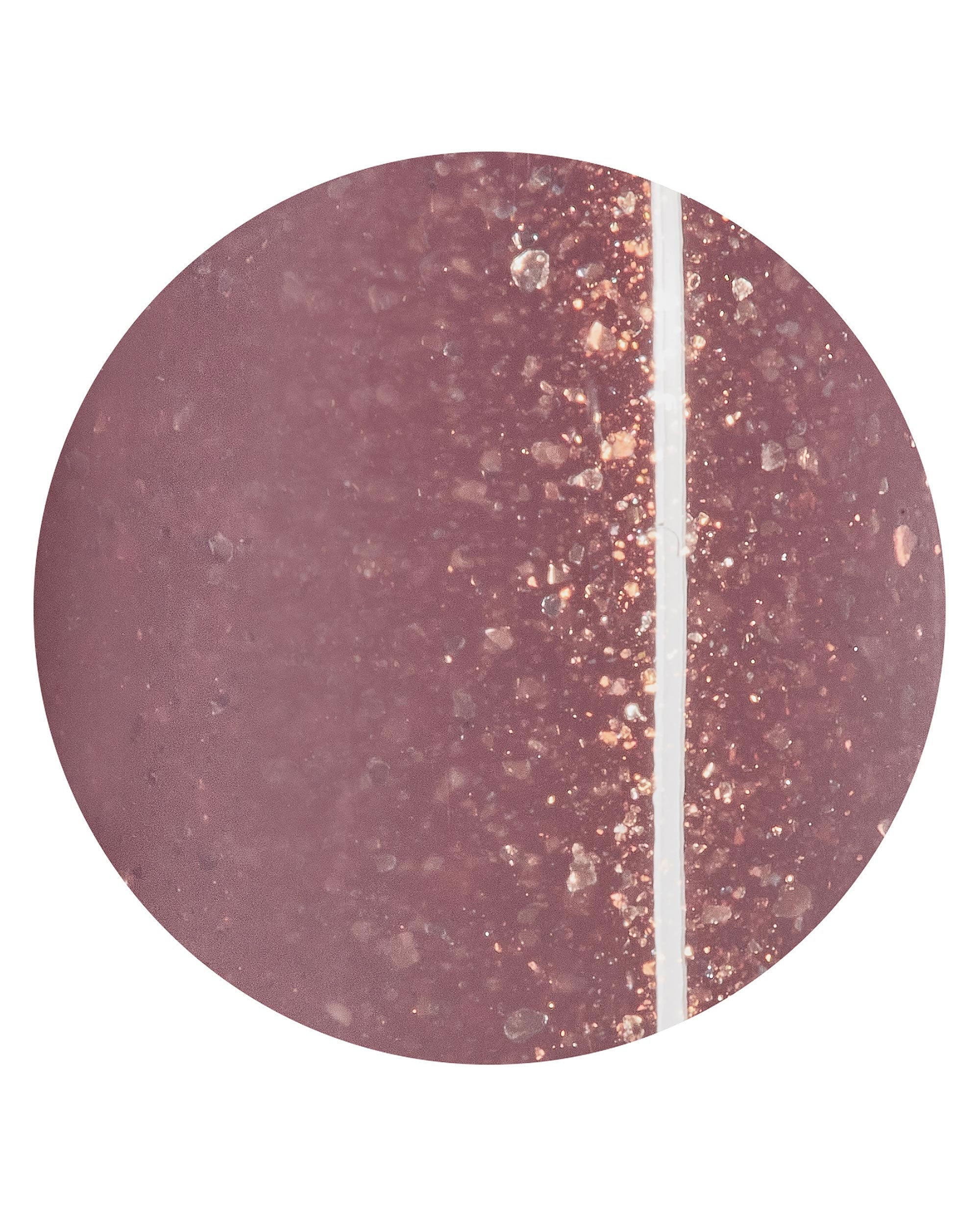 OPI Track Suited Cutie xPRESS/ON nail swatch shows a dusty mauve-brown shimmer with copper glitter and a glossy finish, highlighting a rich option for fall nail colors on a white background.