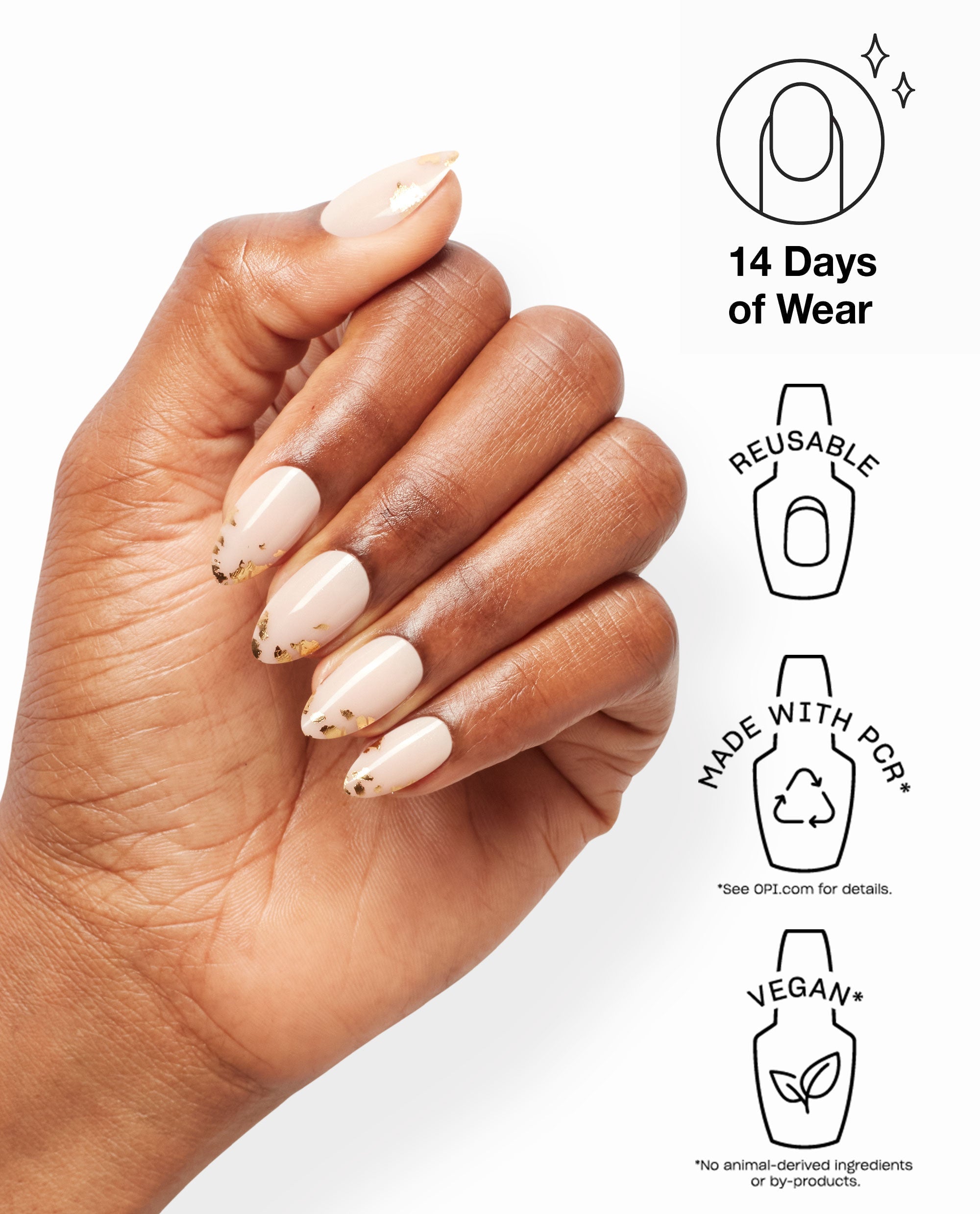 Hand wearing OPI Confetti Connection xPRESS/ON Nail Art, featuring nude almond-shaped nails with gold confetti tips, shown beside icons highlighting 14 days of wear, reusable, made with PCR, and vegan benefits for this nail polish gift set.