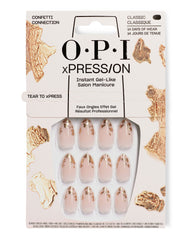 OPI Confetti Connection xPRESS/ON nail art set displayed in retail packaging, featuring 30 nude press-on nails with gold confetti accents, marketed as an instant gel-like salon manicure and OPI nail polish gift set for at-home use.