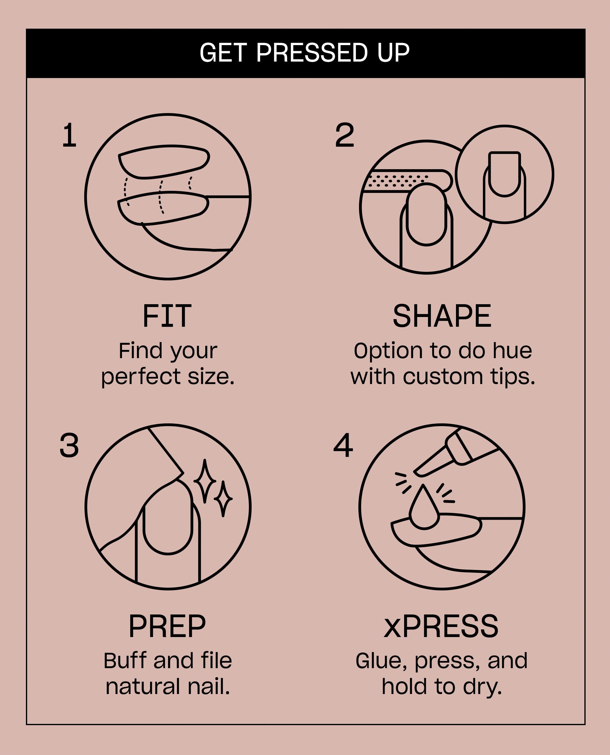 Confetti Connection xPRESS/ON Nail Art instruction card showing four-step application for OPI nail polish gift set: fit press-on sizes, shape tips, prep natural nails, then glue and press for salon-style manicure at home.