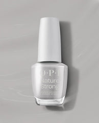 OPI Nature Strong Vegan Nail Lacquer in Dawn of a New Gray stands upright, showing a soft light gray shade in a clear bottle with a white cap on a gray background, a trending neutral nail color.