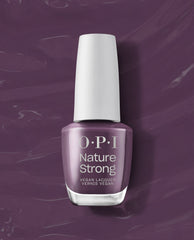 OPI Nature Strong Vegan Nail Lacquer in Eco-Maniac, a muted plum-purple fall nail color, stands upright with a white cap against a glossy purple polish-swipe background.