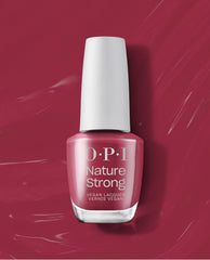 OPI Give a Garnet Nature Strong Vegan Nail Lacquer bottle in a rich garnet berry shade with a white cap, shown on a glossy matching swatch background for fall nail colors.