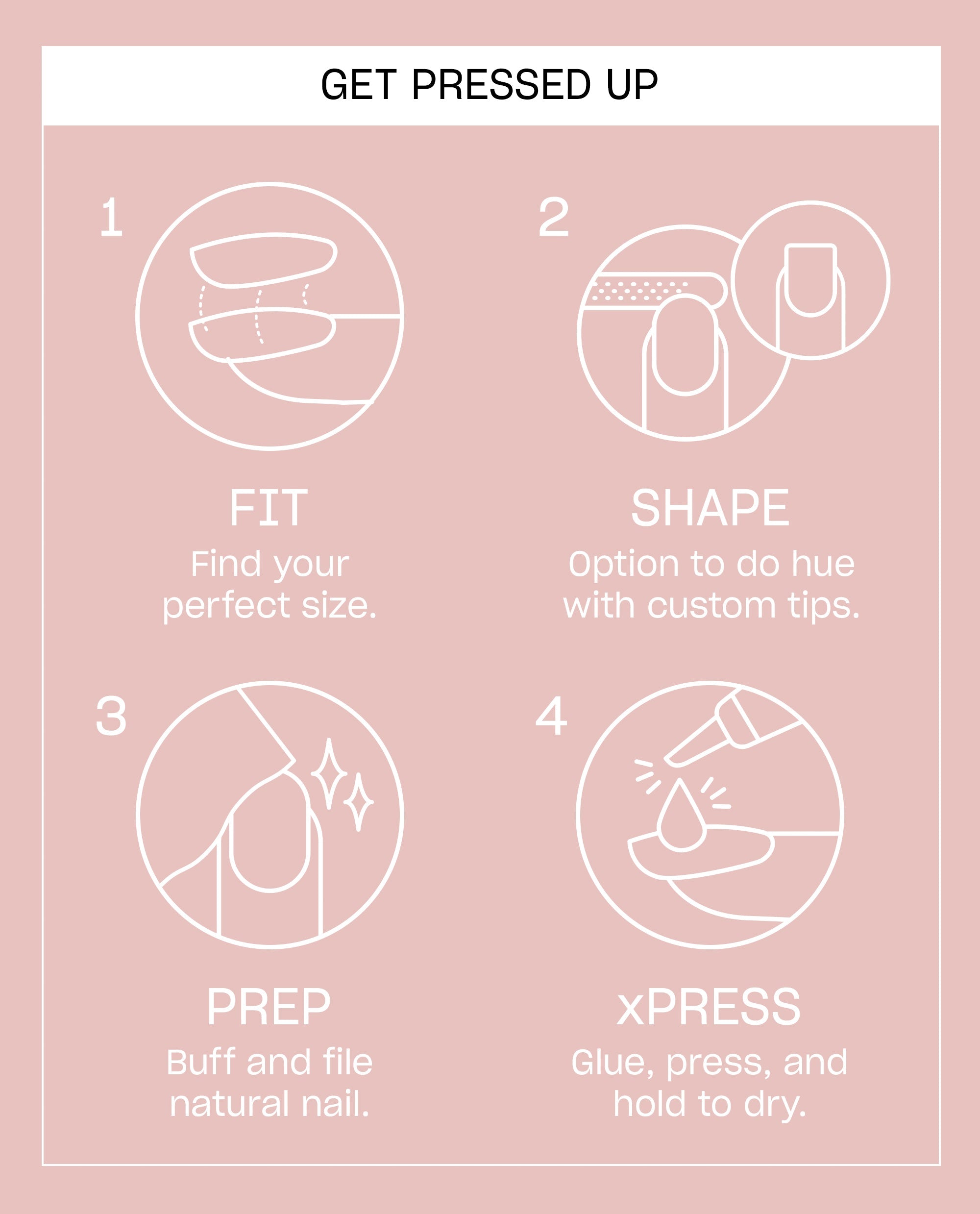 OPI La Vie en Rosé On Point press-on nail instruction card shows four white line-art steps - fit, shape, prep, and glue, press, hold to dry - on a blush pink background.