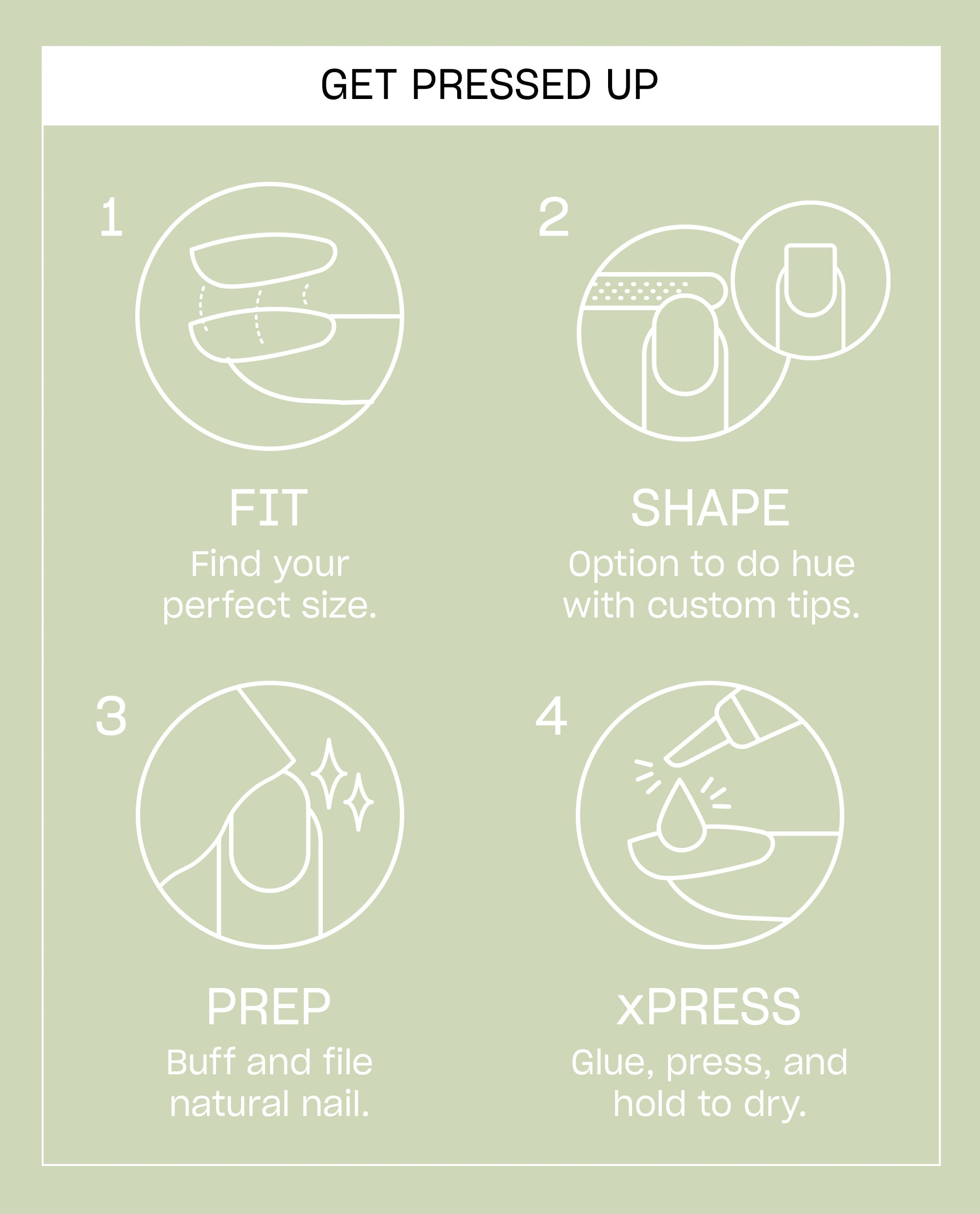 OPI The Pass is Always Greener On Point press-on nail instructions show steps to fit, shape, prep, and glue artificial nails on a soft green guide.