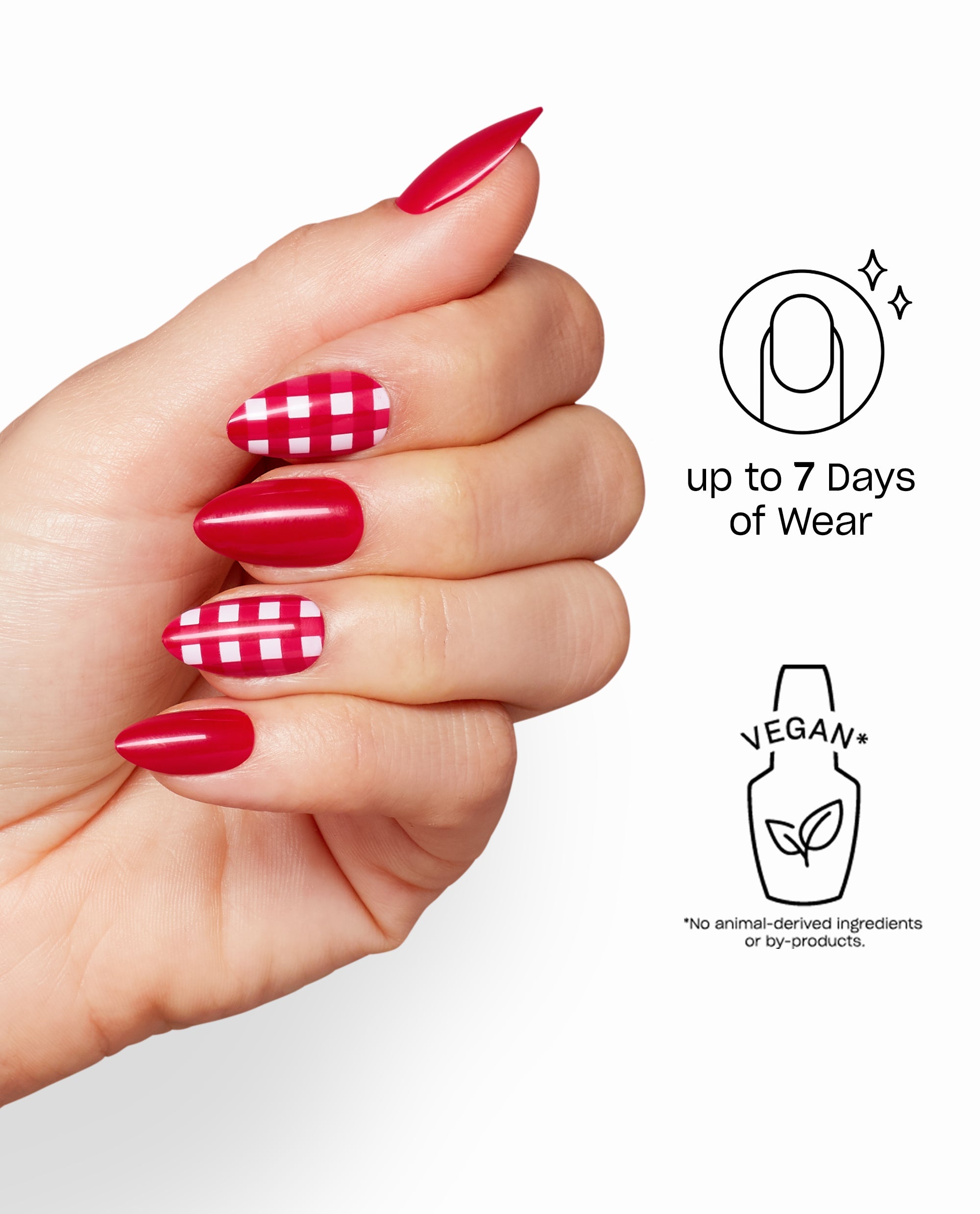 OPI Big Apple Pie Sticking Point nails show glossy trending red polish with pink-and-white gingham accent designs on a hand, highlighting vegan formula and up to 7 days of wear.