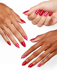 Three hands model OPI Big Apple Pie Sticking Point nails, featuring glossy red almond tips and trending red-and-white gingham accent nails on a clean white background.