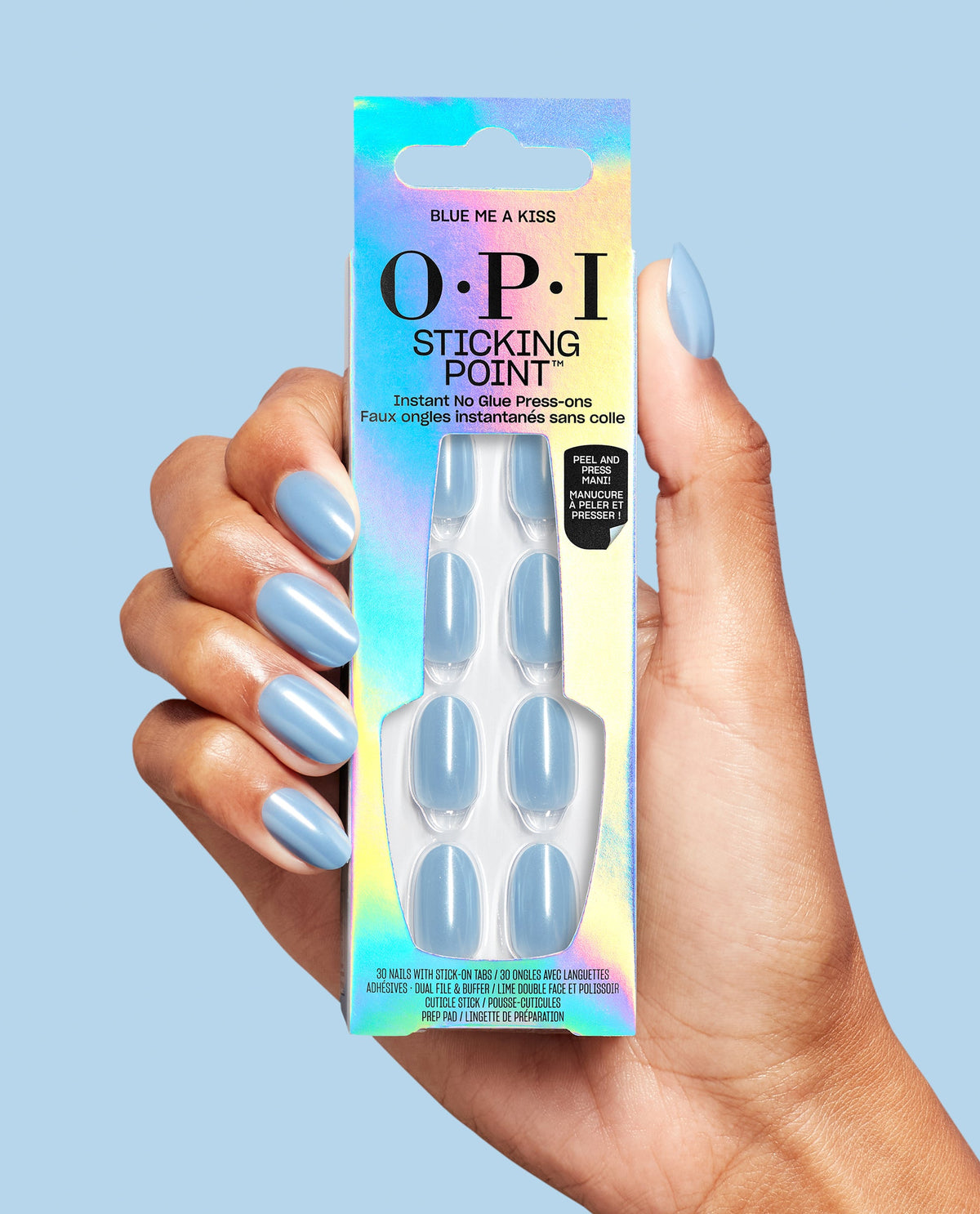 Blue Me a Kiss Blue Chrome Square Stick On Nails Hand and Product