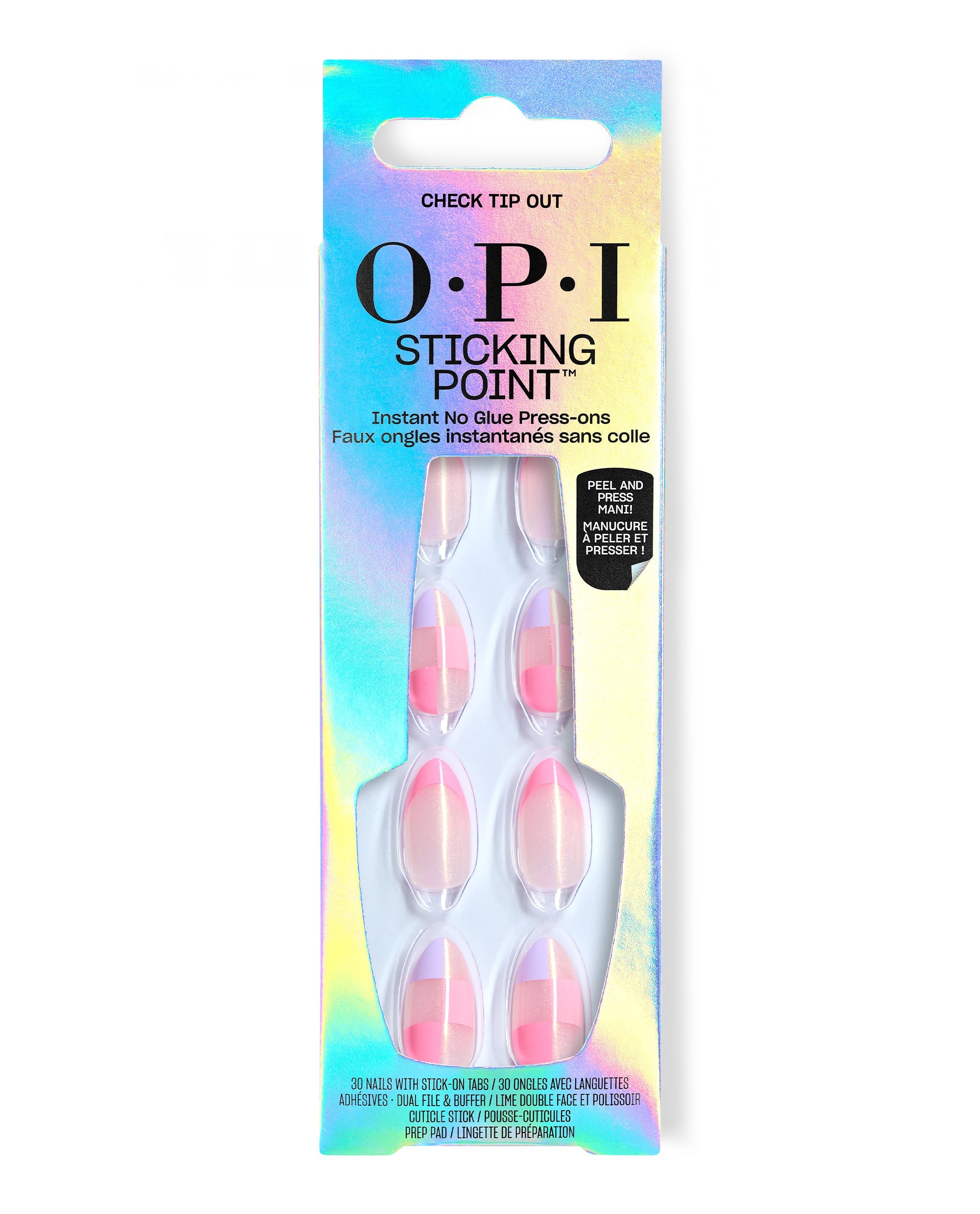 OPI Sticking Point Check Tip Out instant no-glue press-on nails in iridescent packaging, showing pink and nude checker-tip artificial nails through a clear front window.