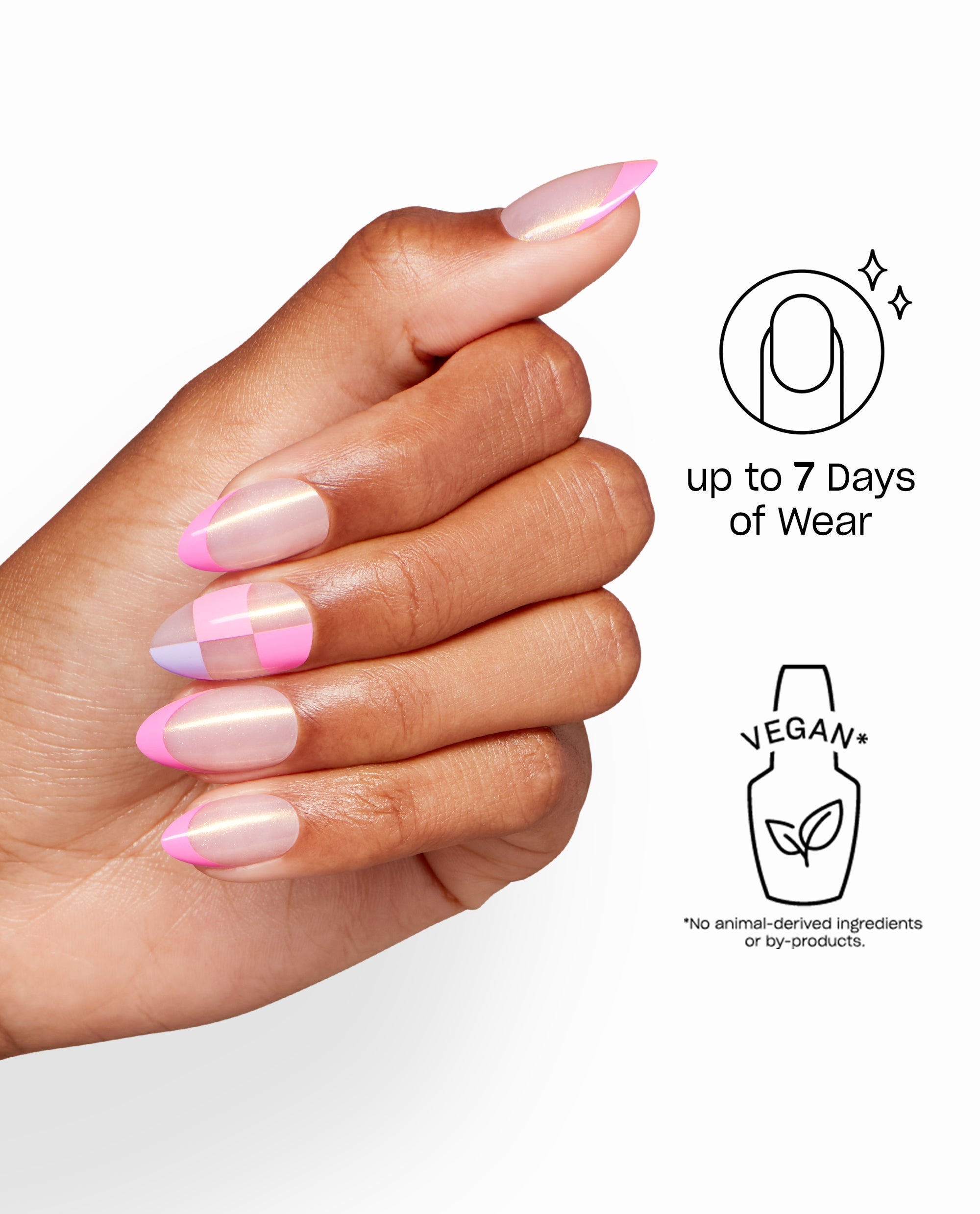 Hand wearing OPI Check Tip Out Sticking Point artificial nails with glossy pink French tips and checker accents, shown on a white background with up to 7 days of wear and vegan benefit icons.
