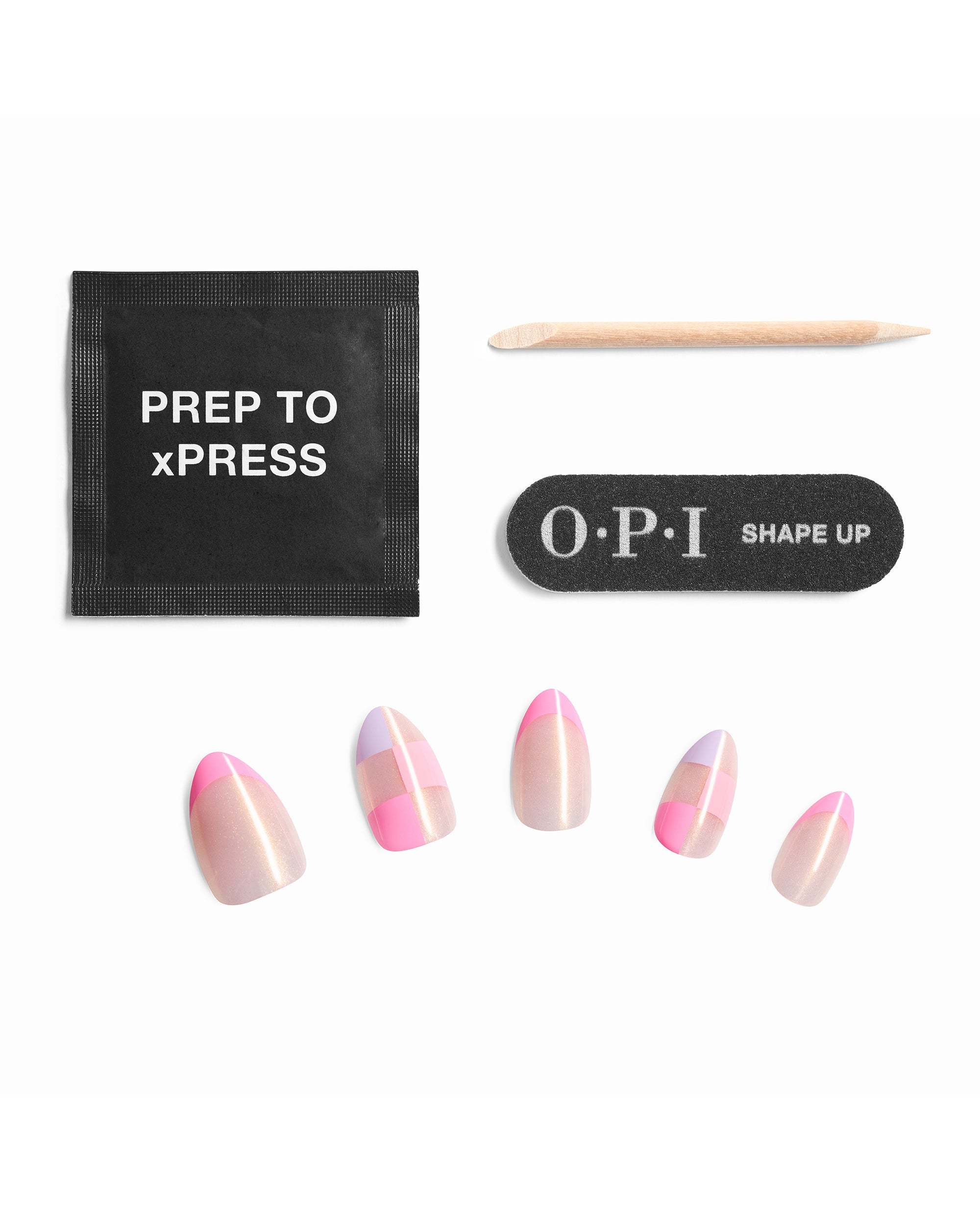OPI Check Tip Out Sticking Point press-on nail kit contents with pink checkered artificial nails, prep pad, wooden cuticle stick, and black OPI Shape Up nail file on a white background.