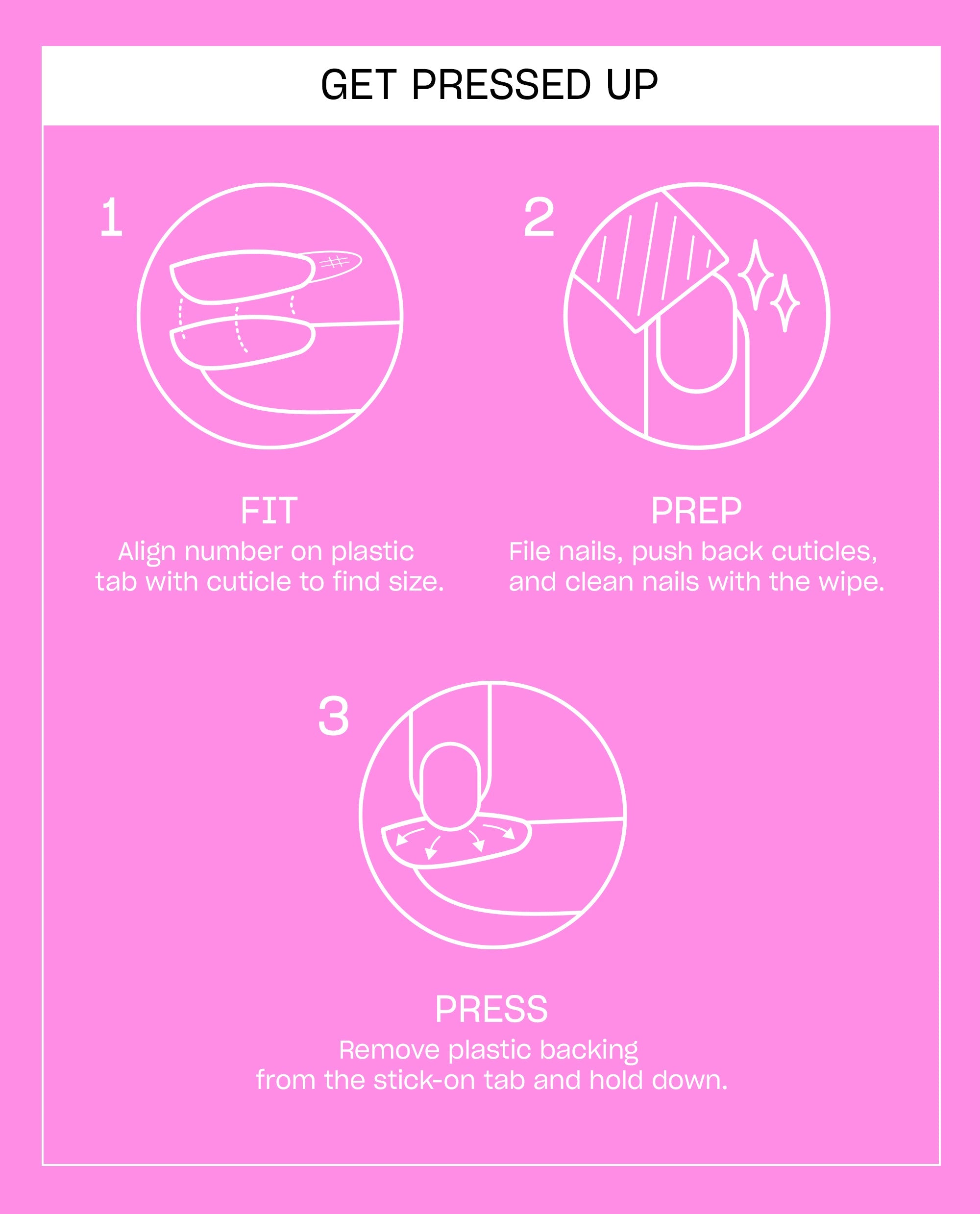 OPI Check Tip Out Sticking Point press-on nail instructions on a pink card, showing three steps to fit the nail tab, prep nails, and press the adhesive tab in place.
