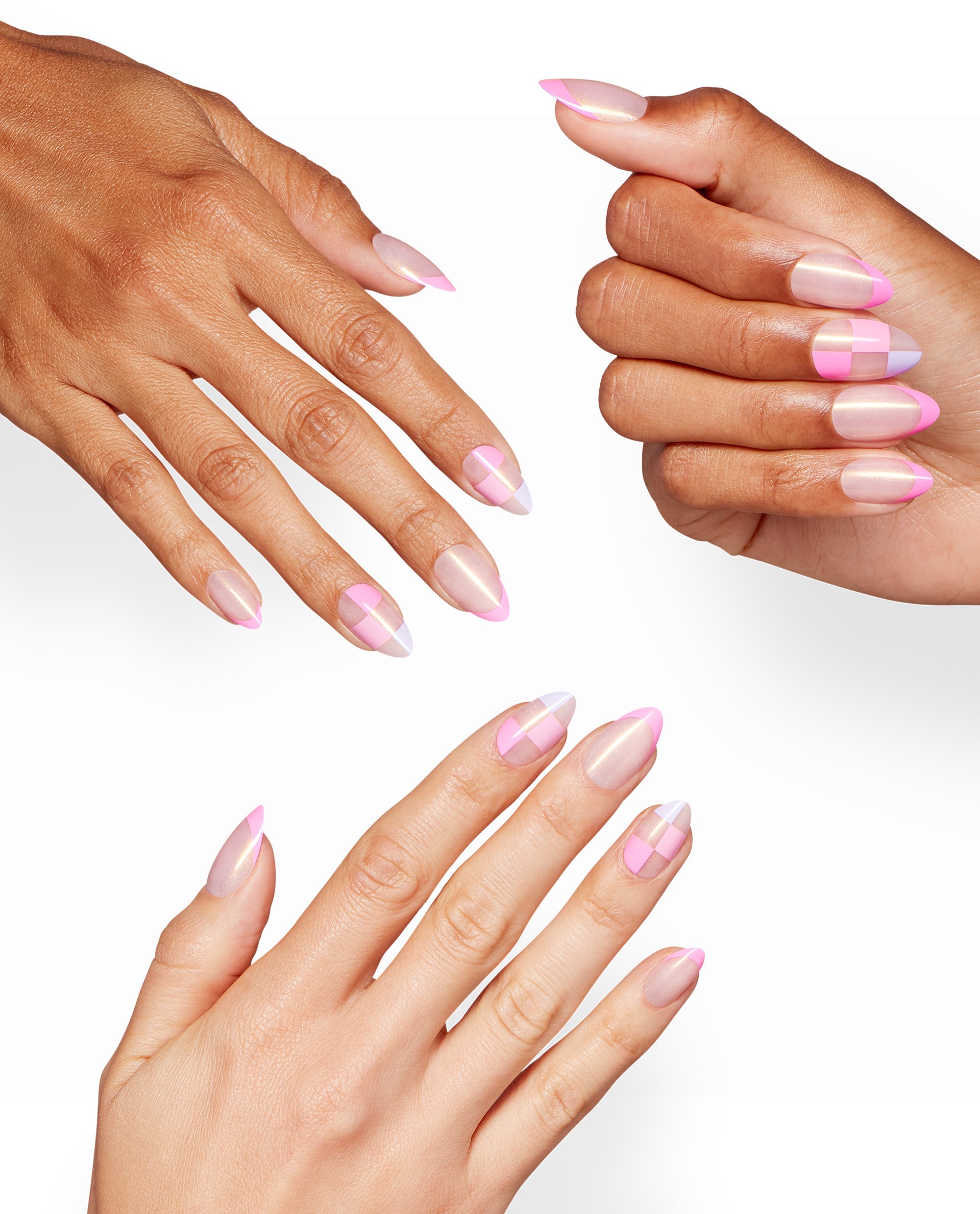 OPI Check Tip Out Sticking Point manicure displays glossy almond nails with pink French tips, pearly nude shimmer, and checkerboard accents on diverse hands against a white studio background.