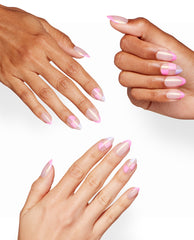 OPI Check Tip Out Sticking Point manicure displays glossy almond nails with pink French tips, pearly nude shimmer, and checkerboard accents on diverse hands against a white studio background.