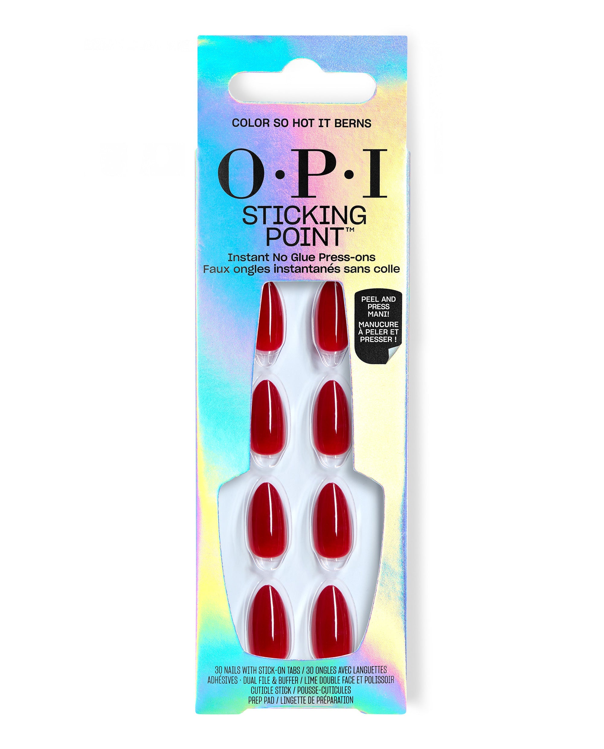 OPI Sticking Point Color So Hot it Berns press-on nails displayed in iridescent packaging, featuring glossy deep red almond-shaped artificial nails with no-glue peel-and-press tabs.