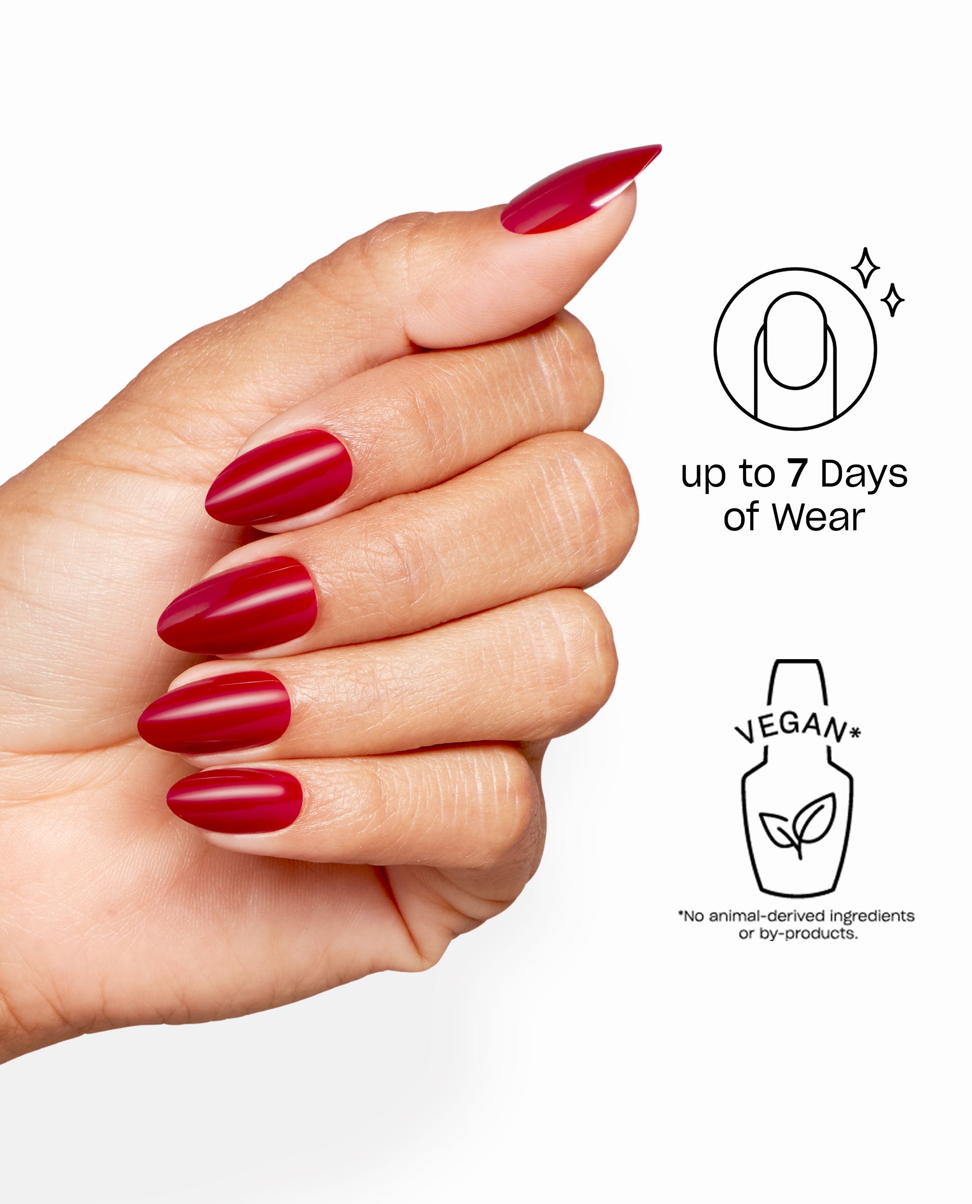 Hand displays glossy red almond nails in OPI Color So Hot it Berns Sticking Point polish, with callouts for up to 7 days of wear and vegan, animal-free ingredients.