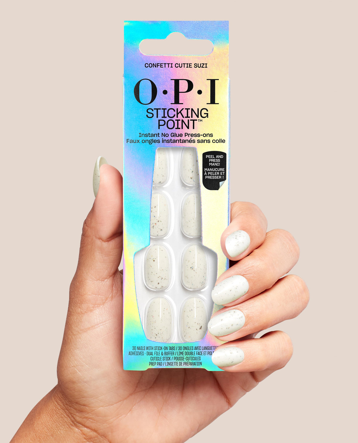 Confetti Cutie Suzi White Glitter Round Stick On Nails Hand and Product