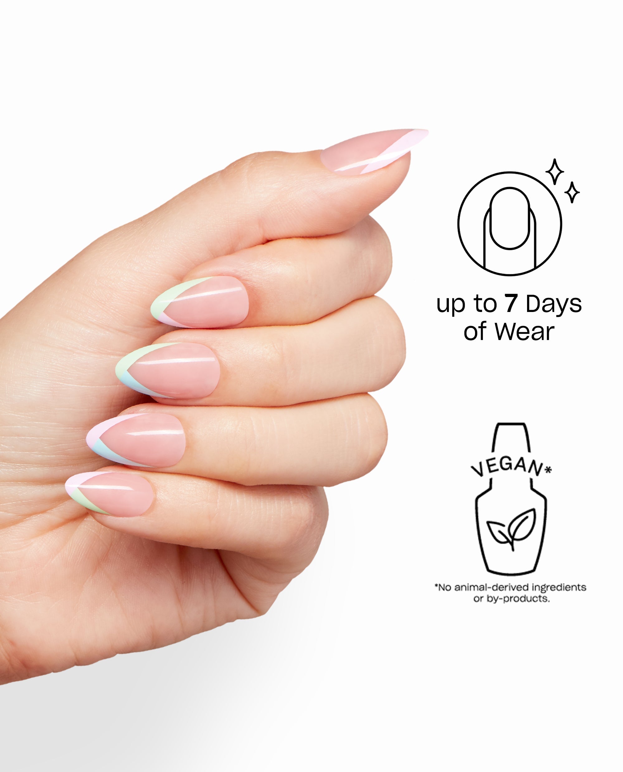 OPI French With a Twist Sticking Point artificial nails on a hand, showing glossy pastel French tips with up to 7 days of wear and vegan, no animal-derived ingredients callouts.