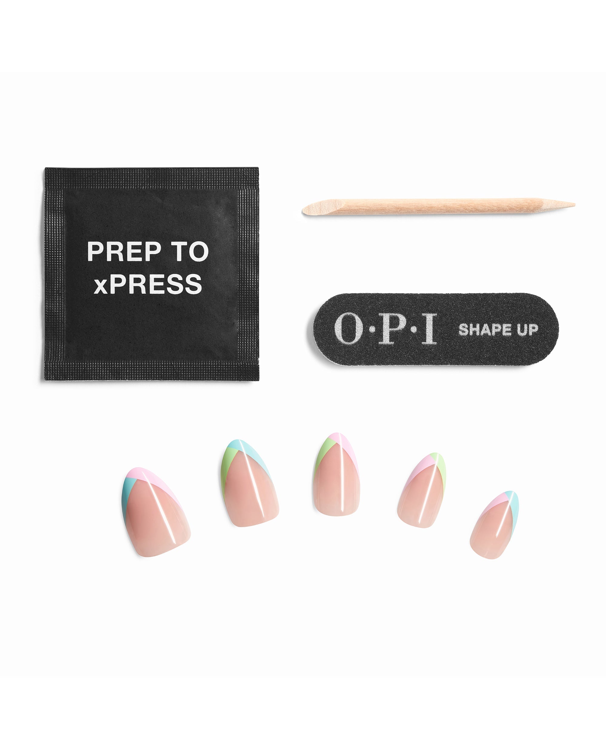 OPI French With a Twist Sticking Point press-on nail kit contents displayed on white, with prep pad, wooden cuticle stick, mini nail file, and glossy nude nails with pastel French tips.