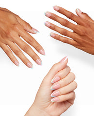 Three hands display OPI French With a Twist Sticking Point manicures with glossy nude almond nails and pastel blue, mint, pink, and white angled French tips on a clean white background.