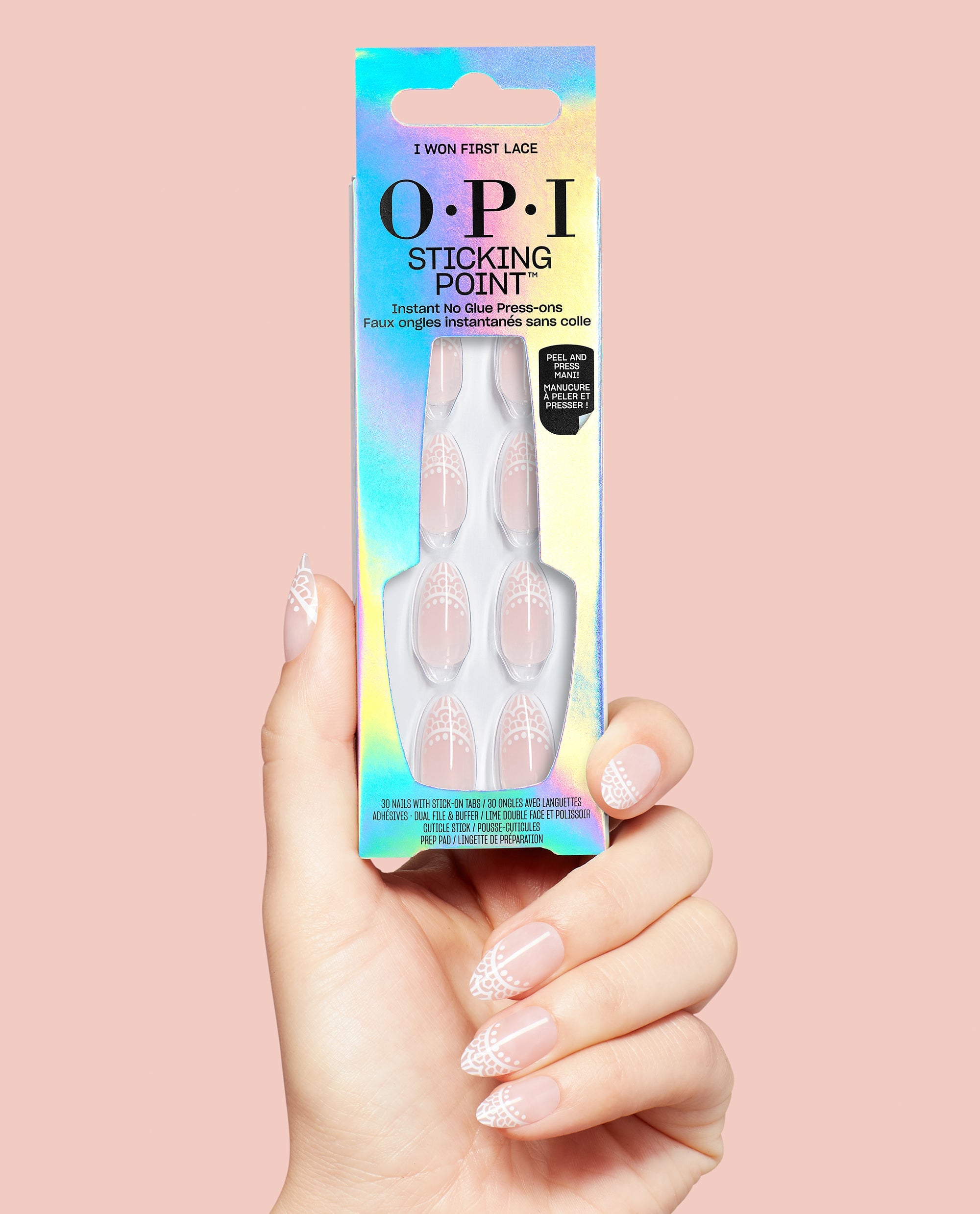 I Won First Lace Nude White Lace Almond Stick On Nails| OPI Hand and Product