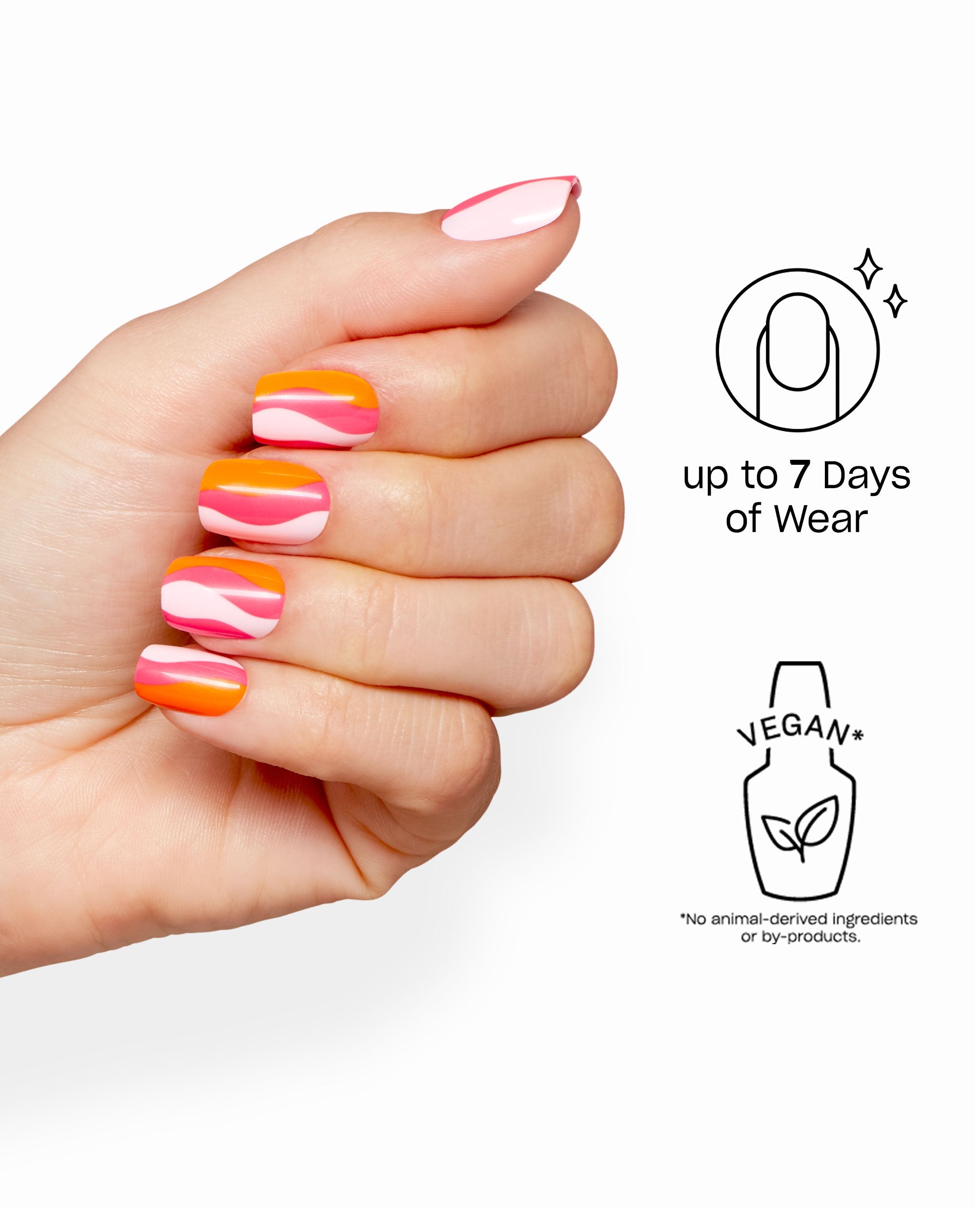 OPI In My Own Swirl Sticking Point nails shown on a hand with glossy pink, orange, and white swirl designs, highlighting vegan formula and up to 7 days of wear on a clean white background.
