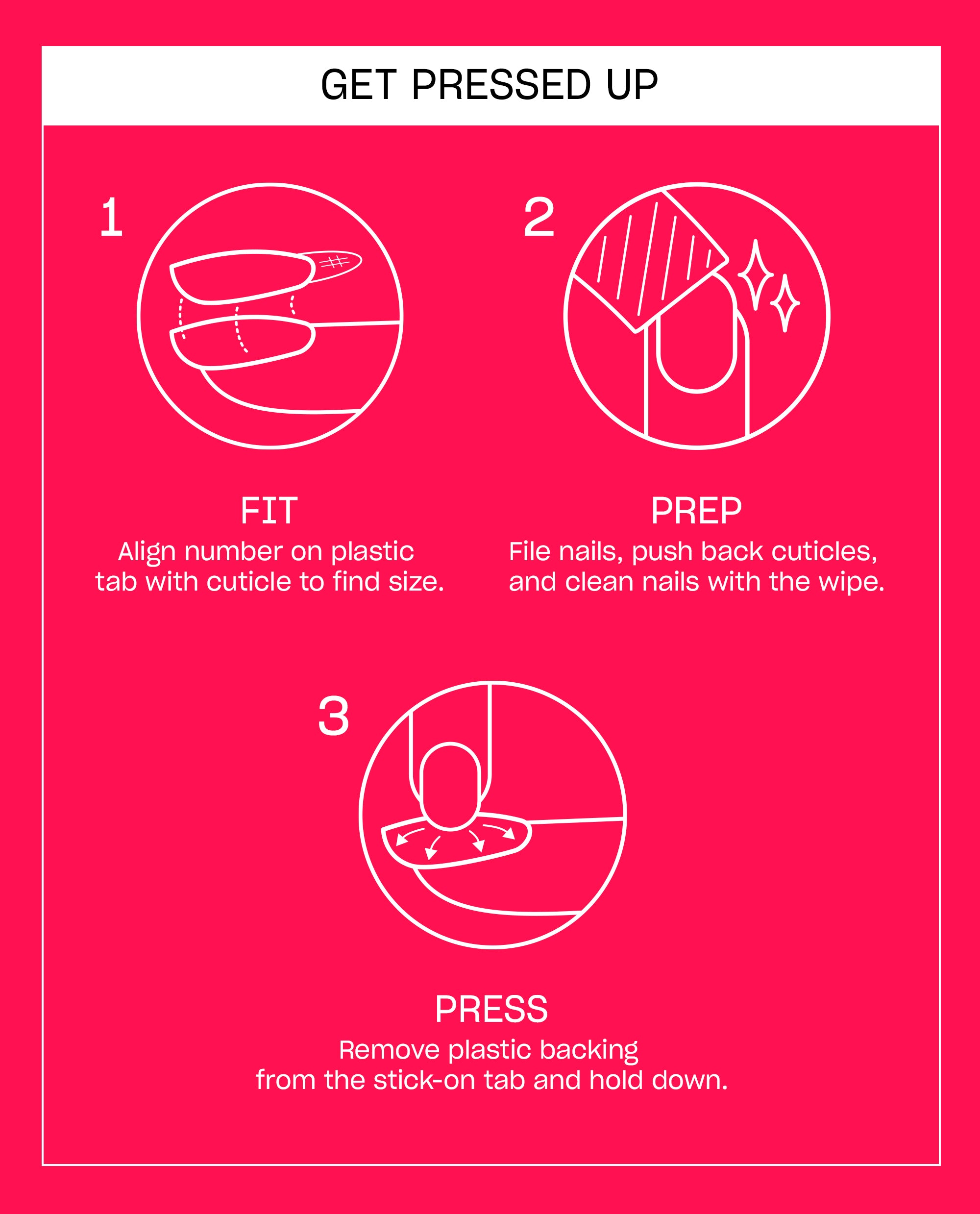 OPI In My Own Swirl Sticking Point press-on nail instructions show fit, prep, and press steps with white line art on a hot pink background for applying stick-on tabs.