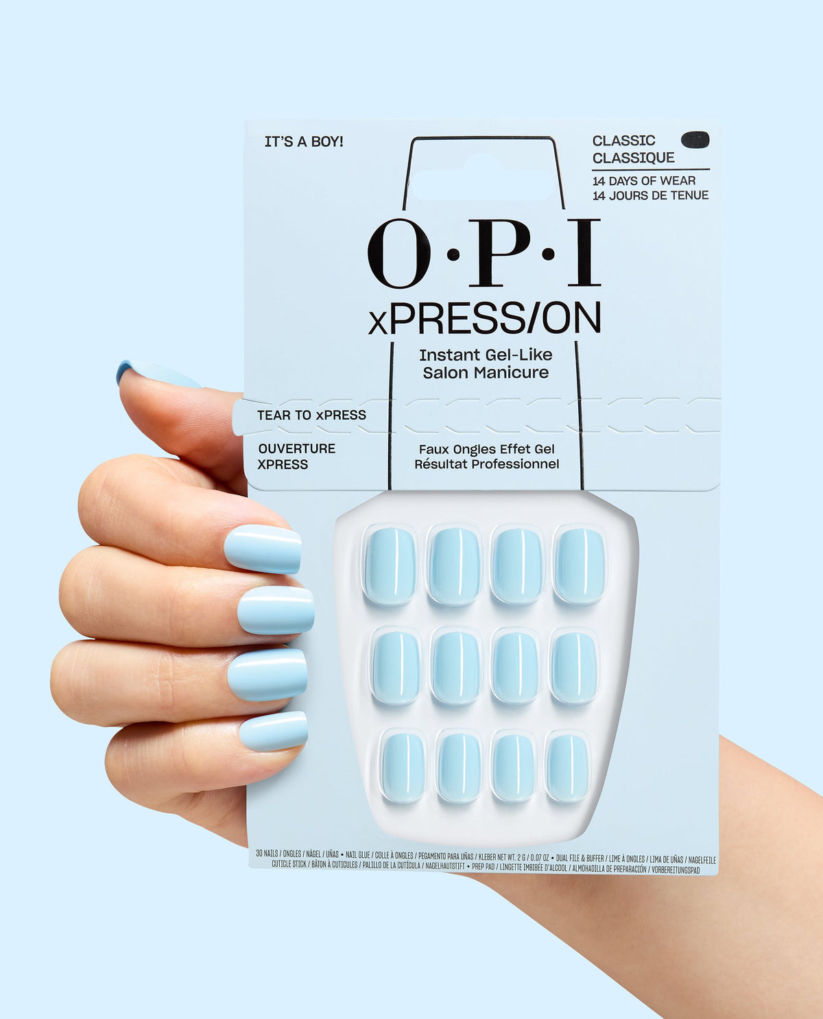 It’s a Boy! Baby Blue Press-On Nails Hand and Product