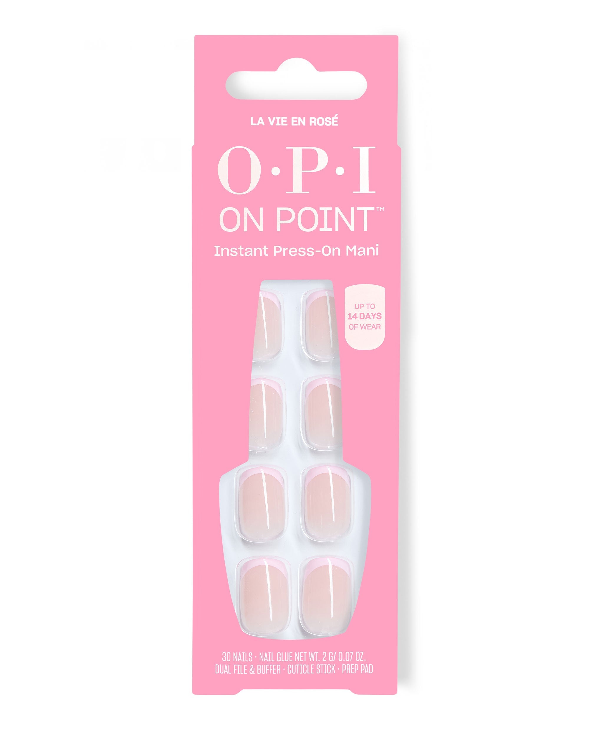 OPI On Point La Vie en Rosé instant press-on nails in sheer nude pink sit in a bright pink retail box with window display and up to 14 days of wear claim.