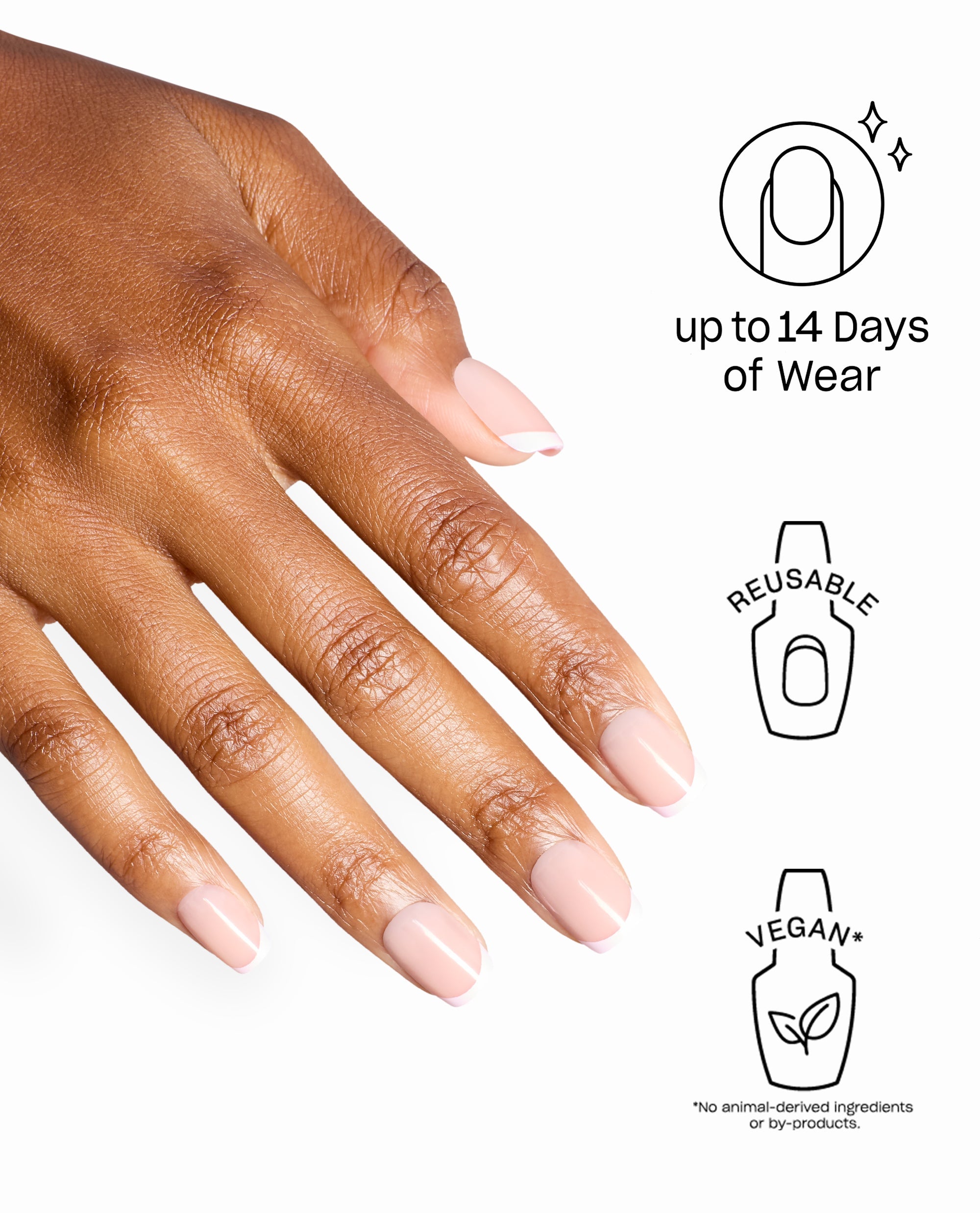 OPI La Vie en Rosé On Point reusable press-on nails show a glossy pale pink manicure on a hand, highlighting up to 14 days of wear and vegan formula on a white background.