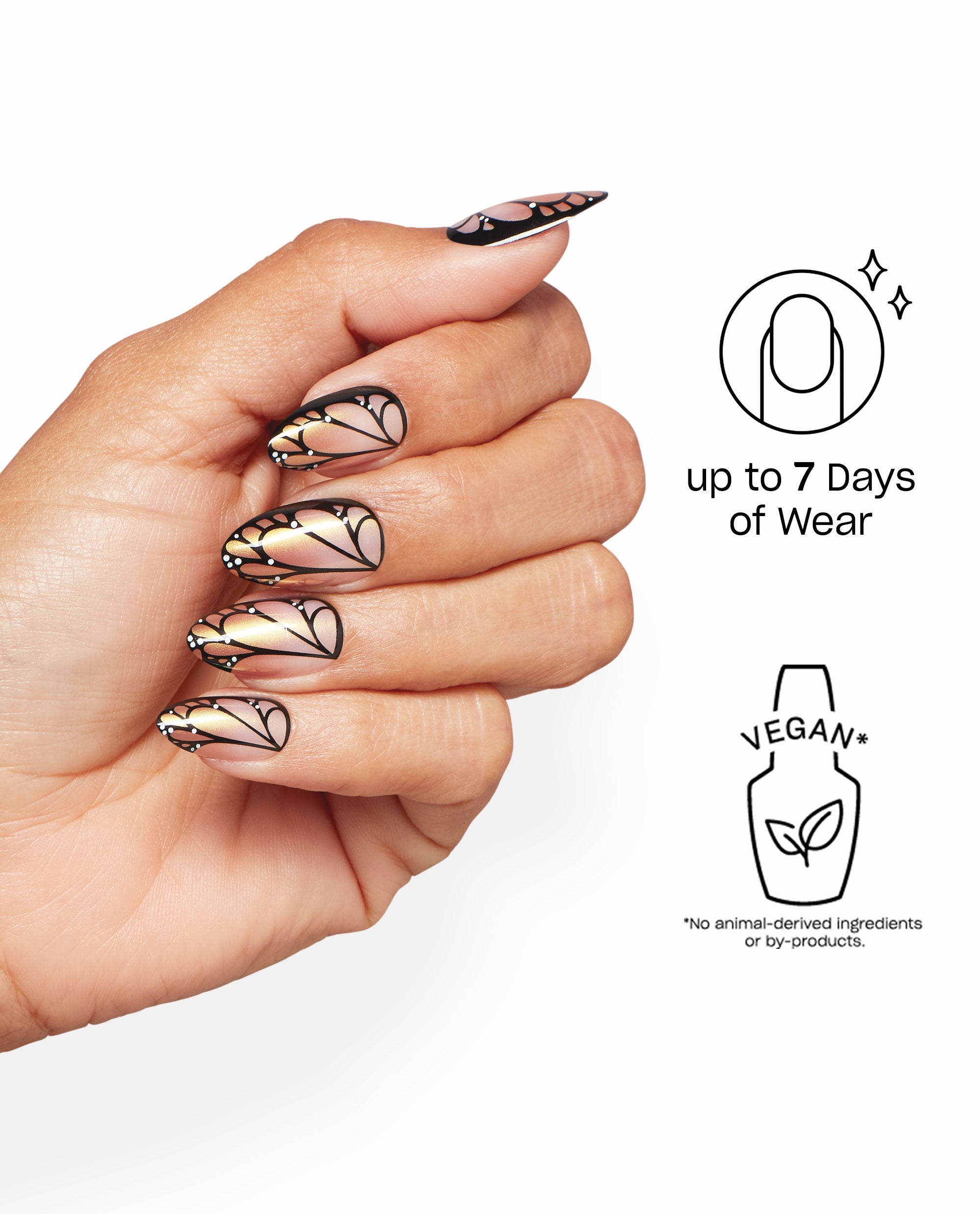 Make My Art Flutter Sticking Point nail art shows black butterfly-wing accents over shimmery bronze OPI fall nail colors on almond nails, with icons noting up to 7 days of wear and vegan formula.