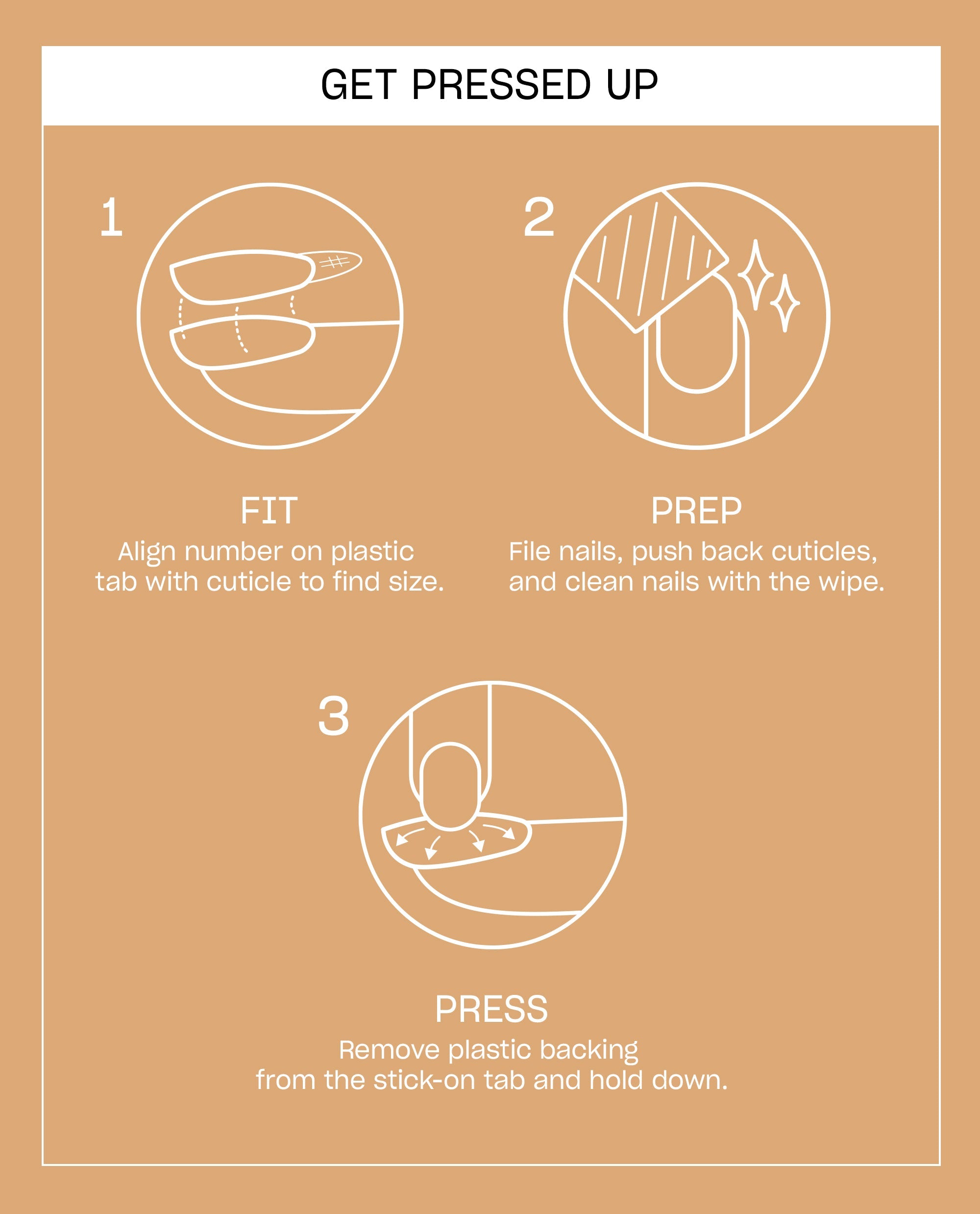 Make My Art Flutter Sticking Point instructions show three white line-art steps on a tan background: fit press-on nails, prep by filing and cleaning, then remove backing and press tabs, part of OPI fall nail colors.