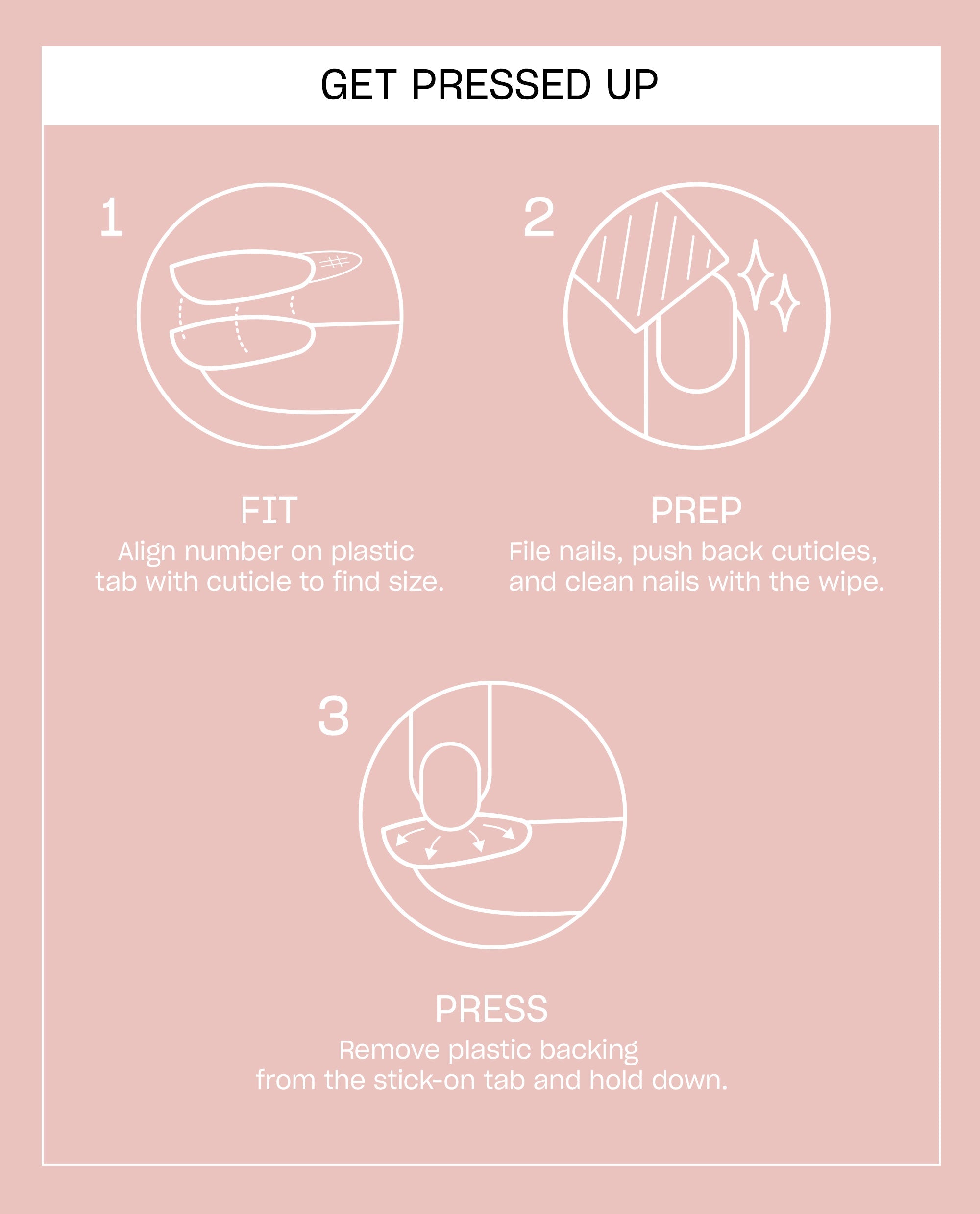 OPI’m Just a Whirl Sticking Point guide shows trending press-on nails being fitted, cleaned, and pressed onto nails with adhesive tabs on a pink instruction card.