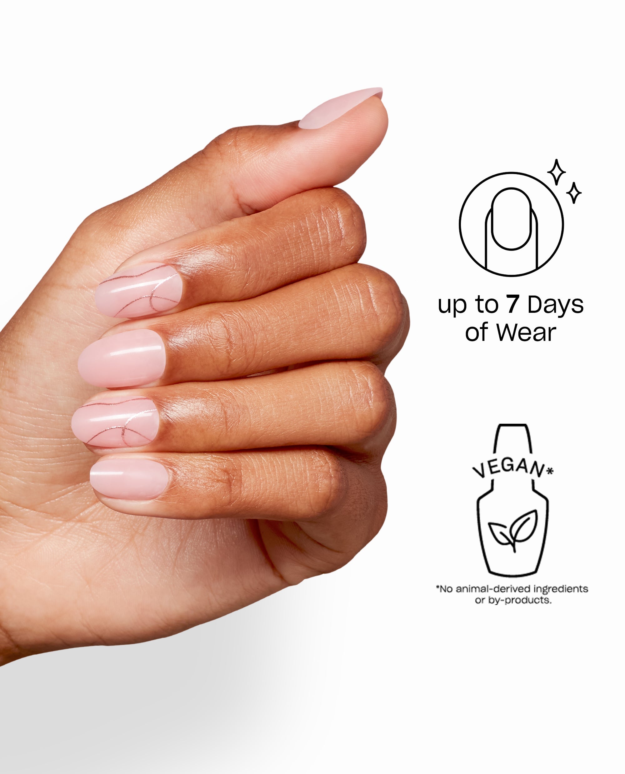 Hand displays OPI’m Just a Whirl Sticking Point pale pink almond manicure with delicate swirl accents on a white background, highlighting trending OPI vegan nail color with up to 7 days of wear.