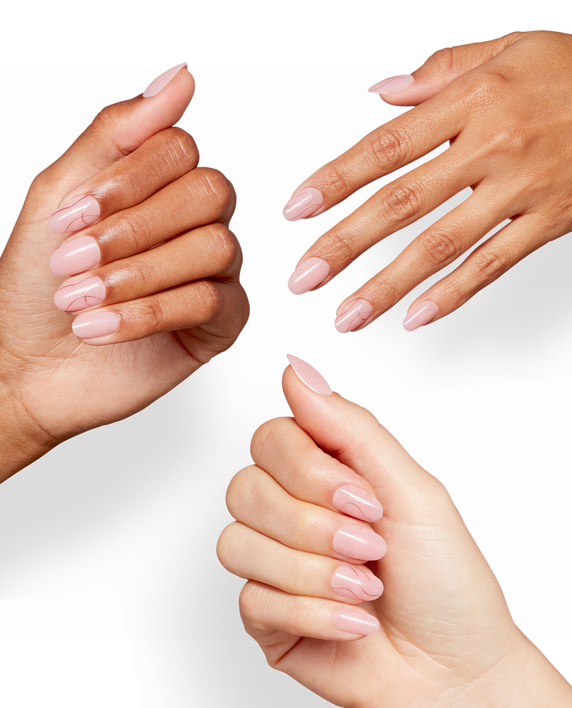 Hands model OPI’m Just a Whirl Sticking Point nails in a trending glossy pale pink almond manicure with delicate rose swirl line art on a clean white studio background.