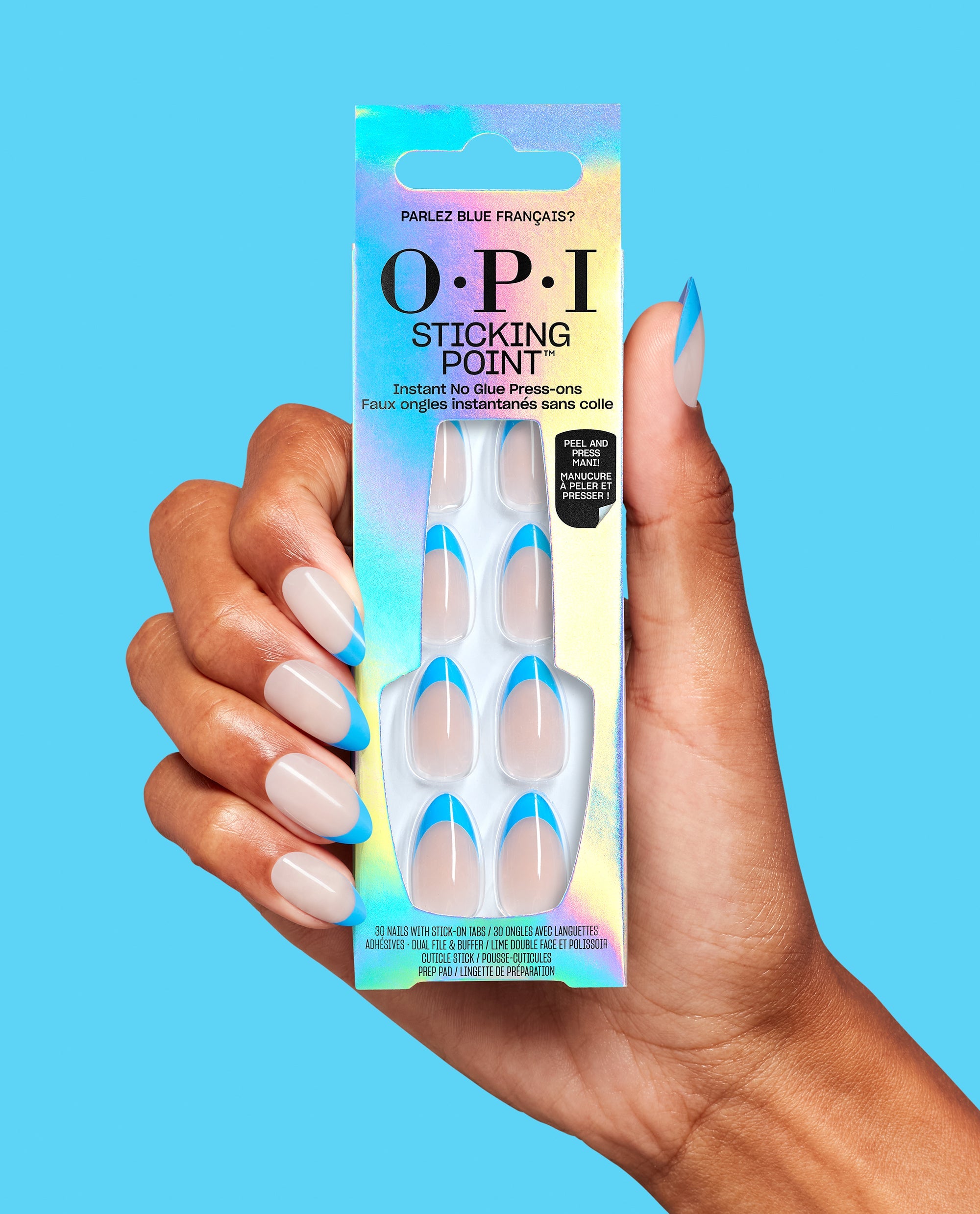 Parlez Blue Francais French Tip Almond Stick On Nails Hand and Product